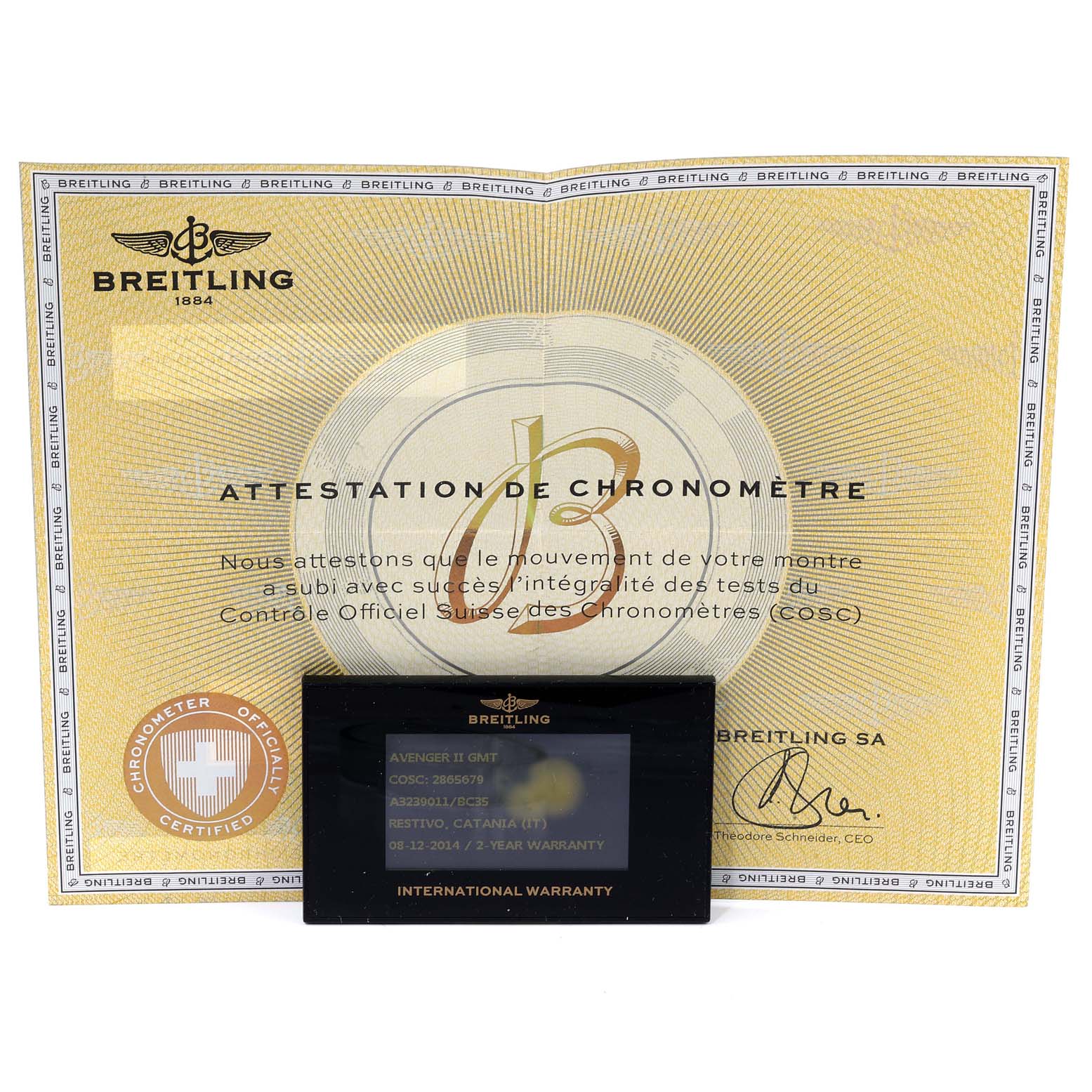 The image shows the chronometer certificate and warranty card for a Breitling Avenger A3239011-C872-170A Men's Stainless Steel Black Dial A3239011-C872-170A Men's Stainless Steel Black Dial II GMT watch.