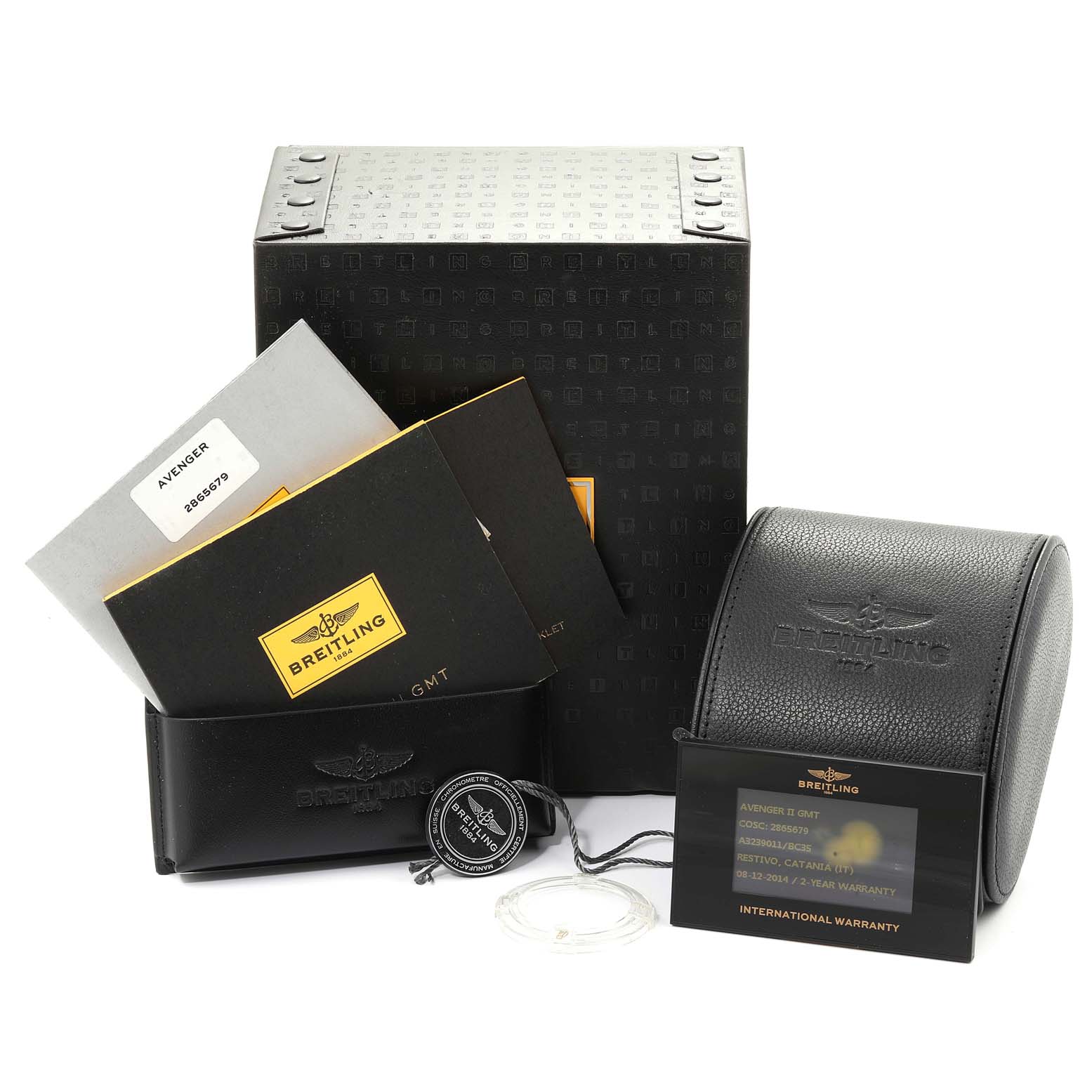 The image shows the box, leather case, warranty card, and booklets for a Breitling Avenger A3239011-C872-170A Men's Stainless Steel Black Dial A3239011-C872-170A Men's Stainless Steel Black Dial watch.