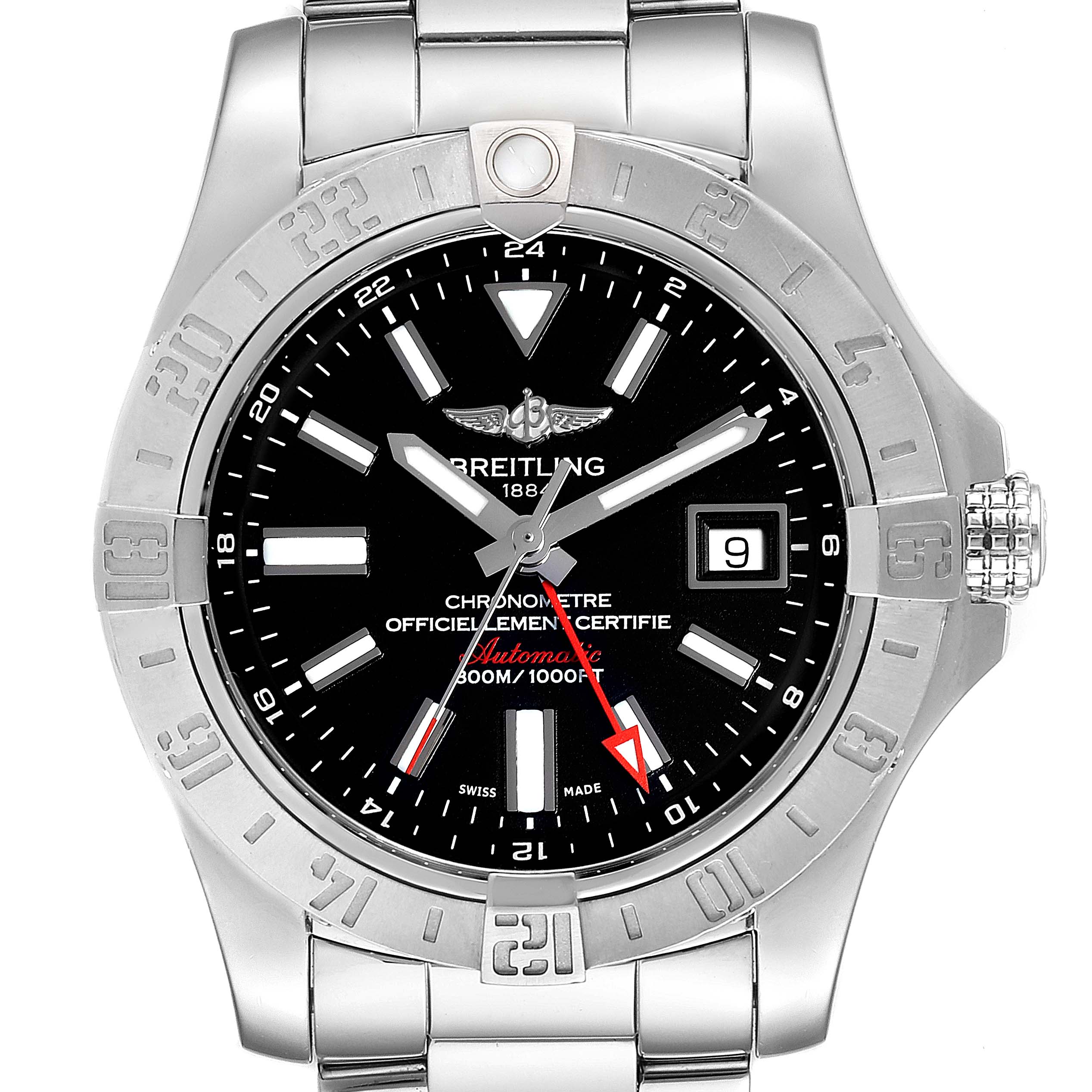 The image shows a front angle of the Breitling Avenger A3239011-C872-170A Men's Stainless Steel Black Dial A3239011-C872-170A Men's Stainless Steel Black Dial watch, featuring its face, bezel, and part of the metal bracelet.