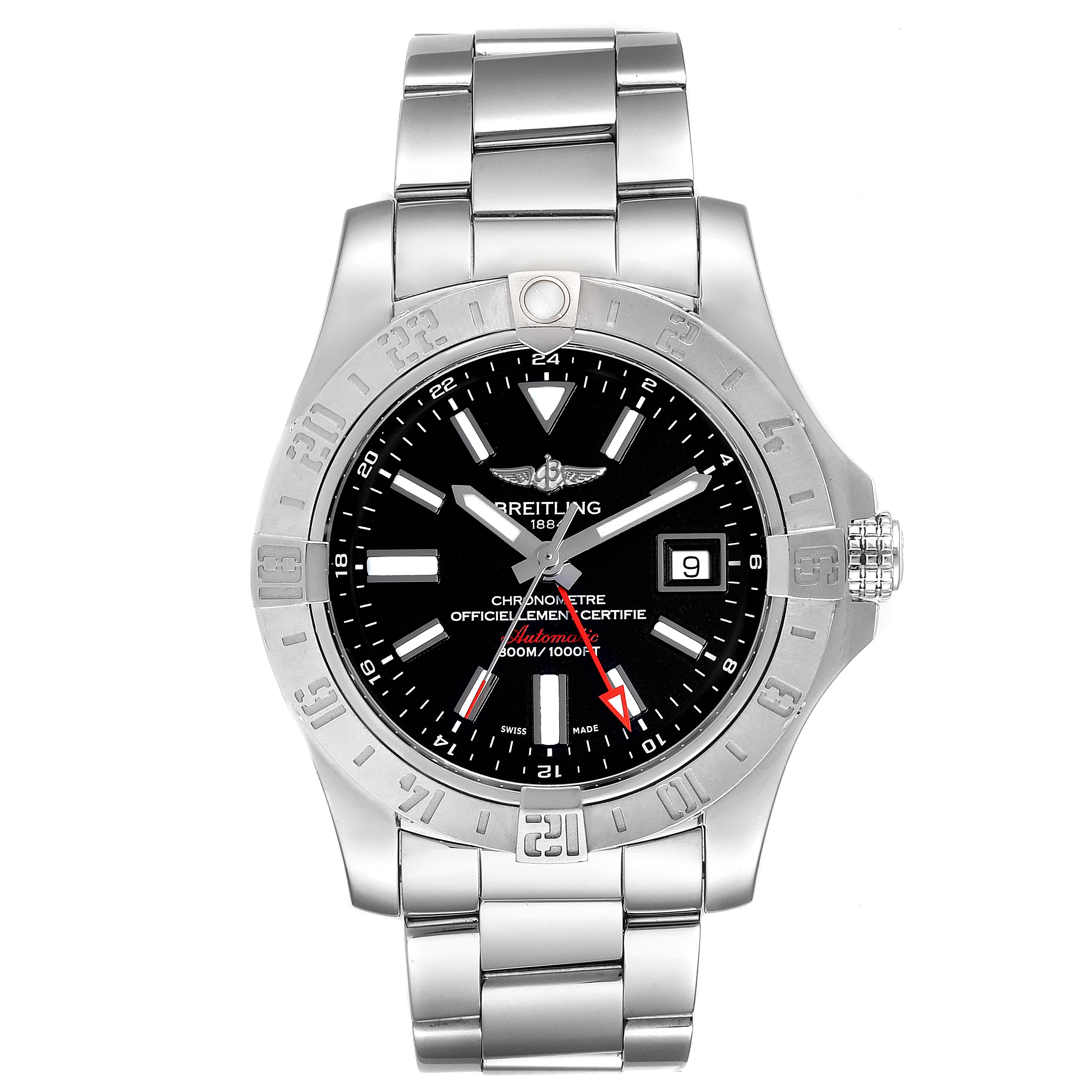 The image shows a front view of a Breitling Avenger A3239011-C872-170A Men's Stainless Steel Black Dial A3239011-C872-170A Men's Stainless Steel Black Dial wristwatch, highlighting the face, bezel, and metal bracelet.