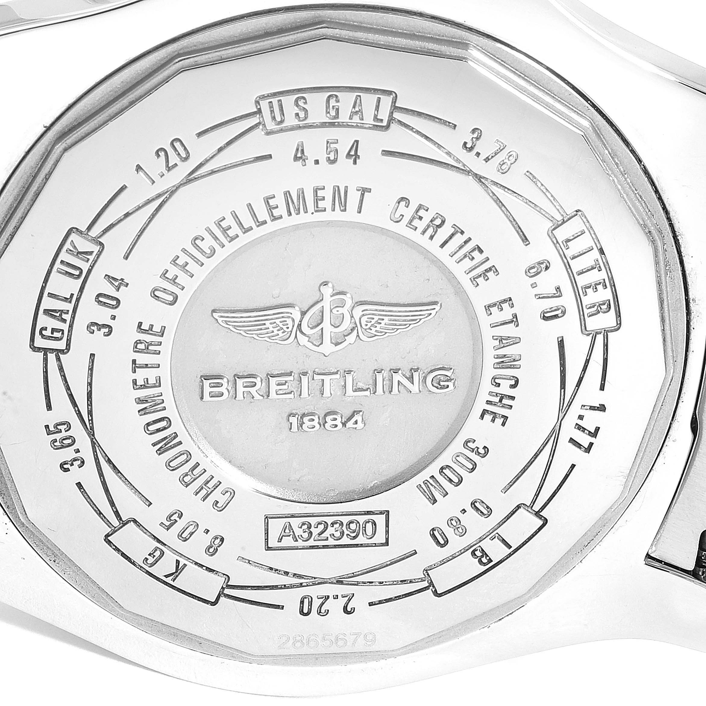 This image shows the case back of a Breitling Avenger A3239011-C872-170A Men's Stainless Steel Black Dial A3239011-C872-170A Men's Stainless Steel Black Dial watch, displaying various measurement units and branding.