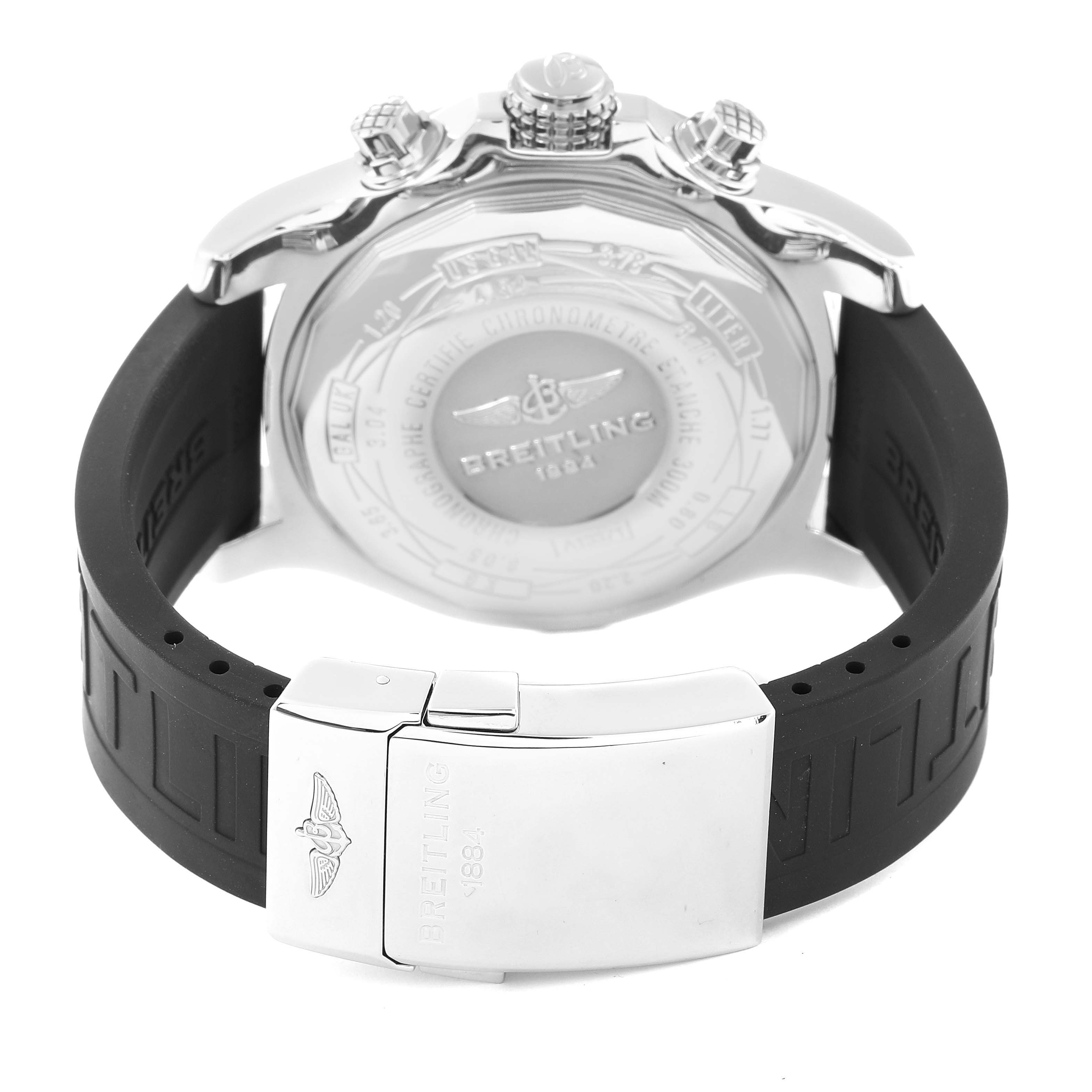 This image shows the back view of the Breitling Avenger A13371 Men's Stainless Steel Black Dial A13371 Men's Stainless Steel Black Dial watch, focusing on the case back, crown, pushers, and rubber strap with a metal clasp.