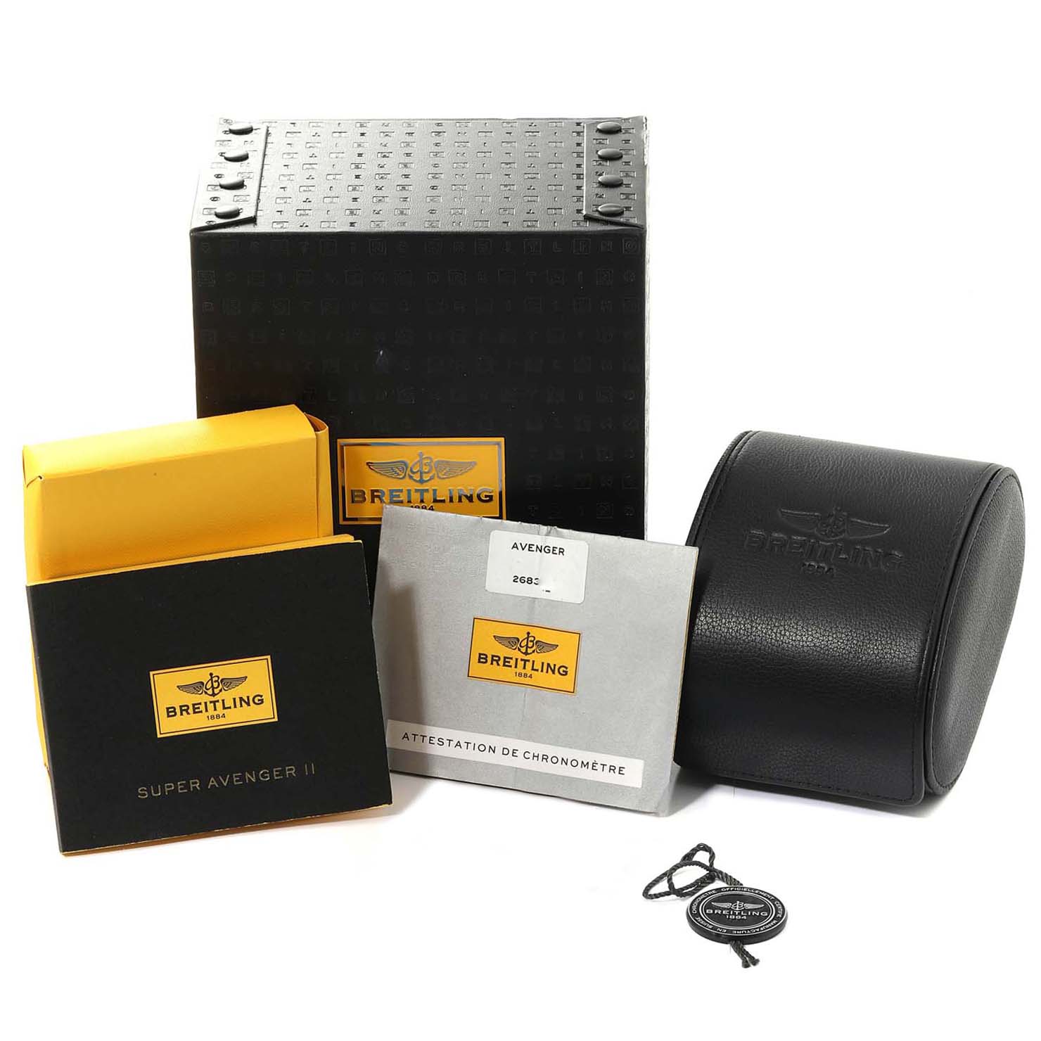 This image shows the packaging and accessories for a Breitling Avenger A13371 Men's Stainless Steel Black Dial A13371 Men's Stainless Steel Black Dial watch, including boxes, certificates, and a leather case.