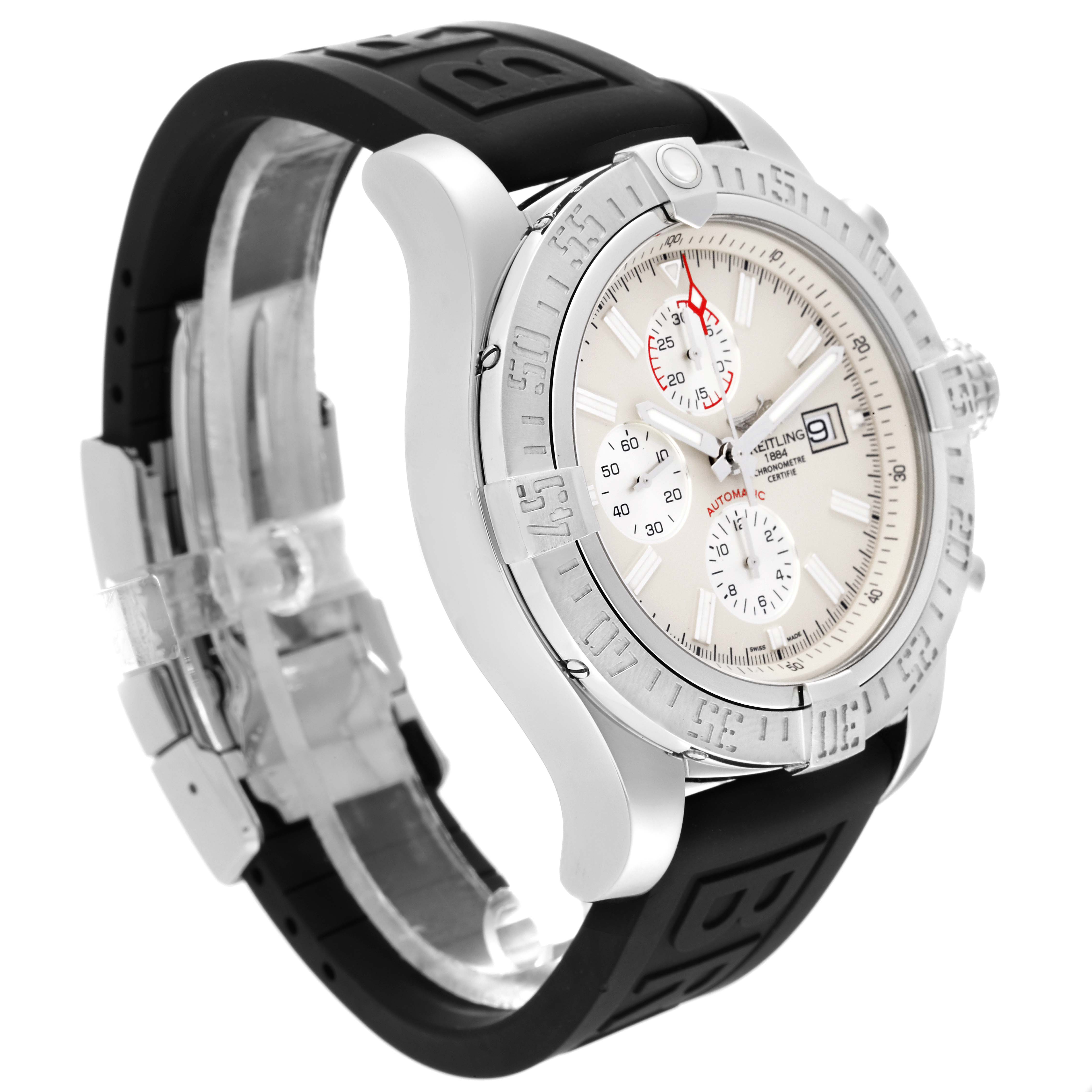 The image shows the Breitling Avenger A13371 Men's Stainless Steel Black Dial A13371 Men's Stainless Steel Black Dial model watch at a three-quarter angle, highlighting the face, bezel, and black strap.