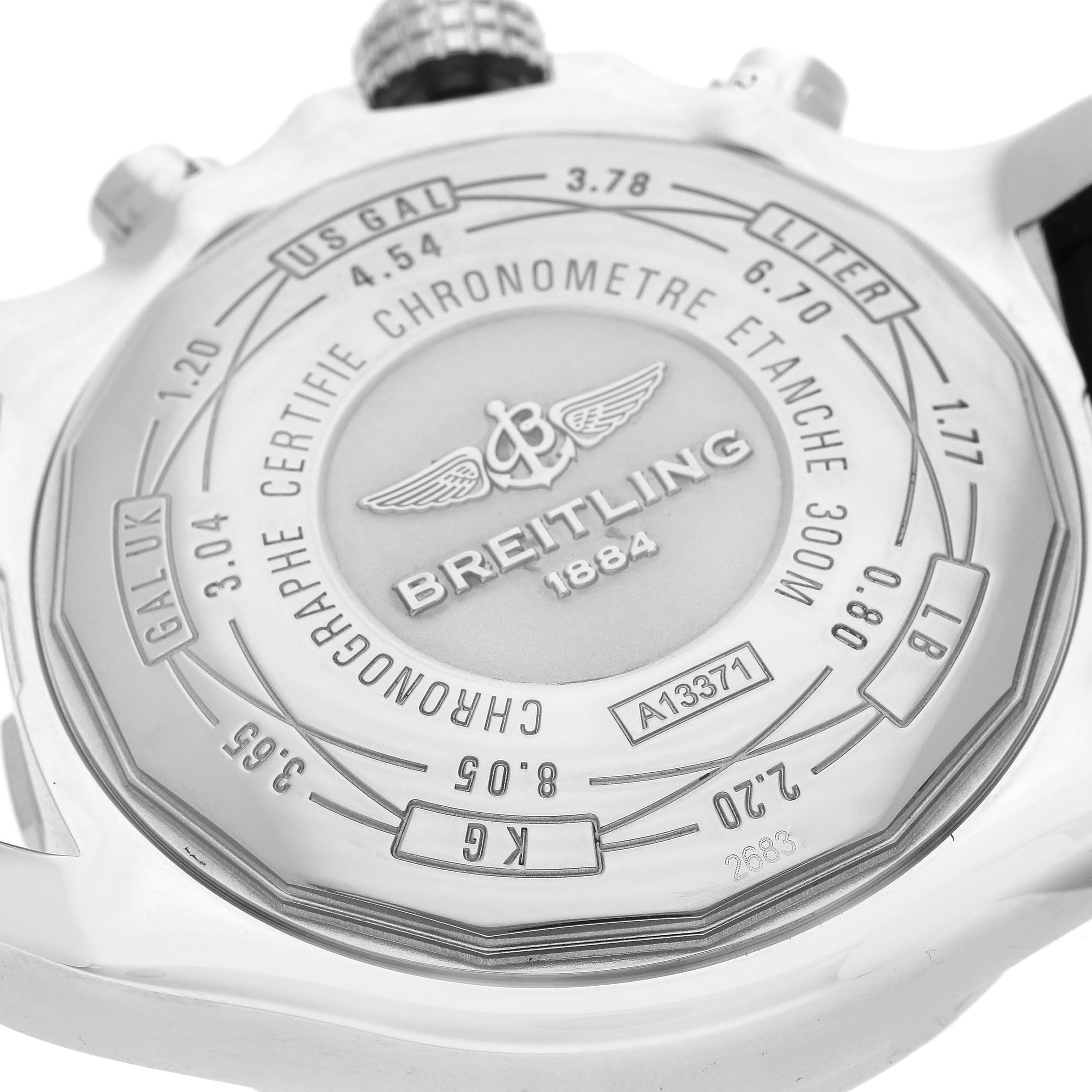 This image shows the back case of a Breitling Avenger A13371 Men's Stainless Steel Black Dial A13371 Men's Stainless Steel Black Dial watch, highlighting the brand logo, model details, and specifications.