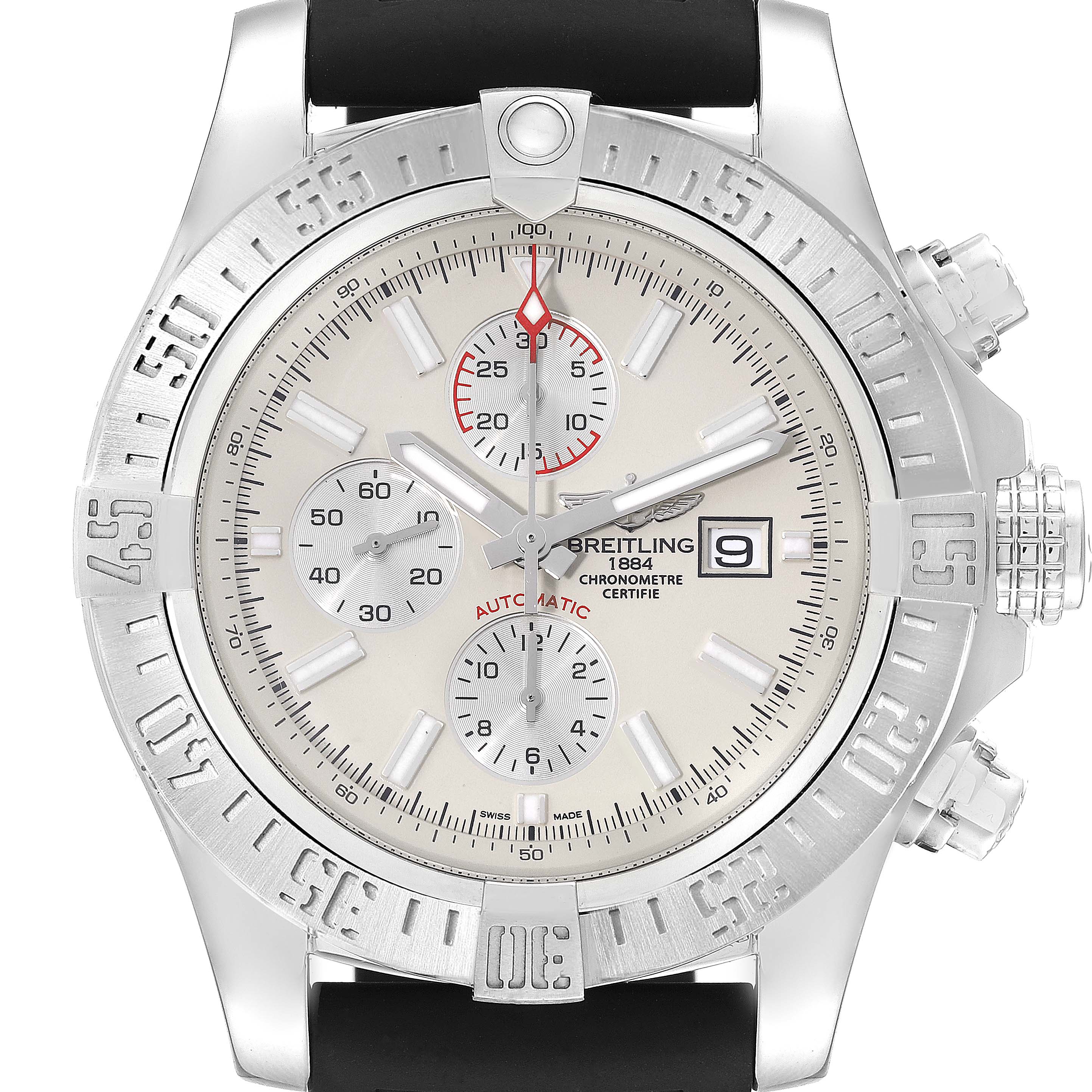 The image shows a front view of the Breitling Avenger A13371 Men's Stainless Steel Black Dial A13371 Men's Stainless Steel Black Dial watch, displaying the dial, bezel, crown, and chronograph subdials.
