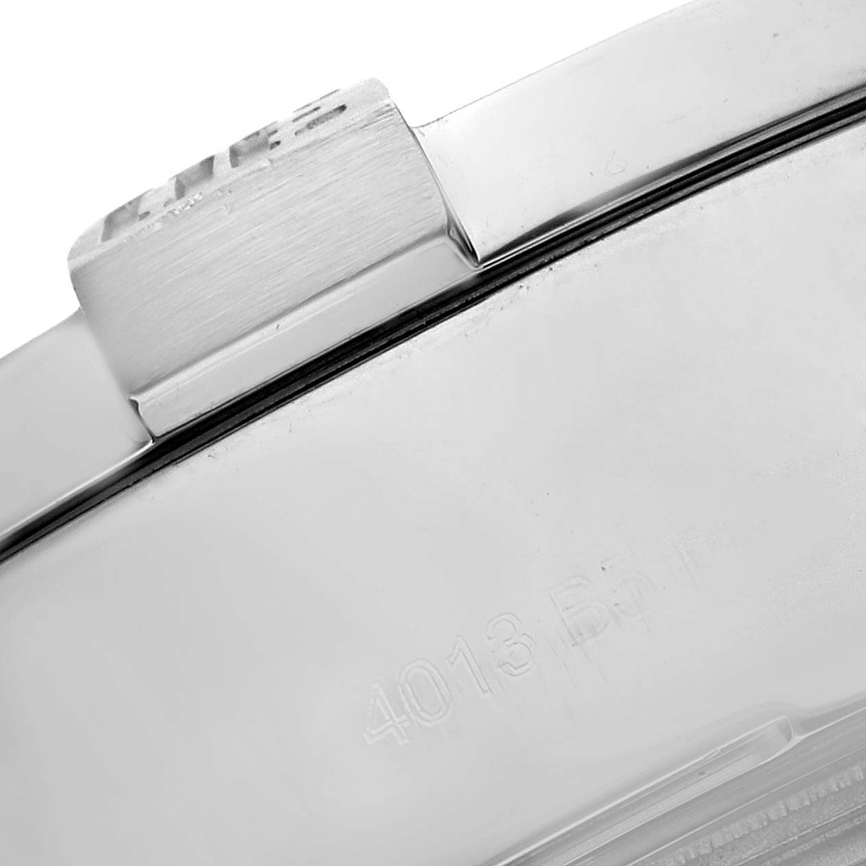 This image shows a close-up of the side case and crown guard of a Breitling Avenger A13371 Men's Stainless Steel Black Dial A13371 Men's Stainless Steel Black Dial watch.