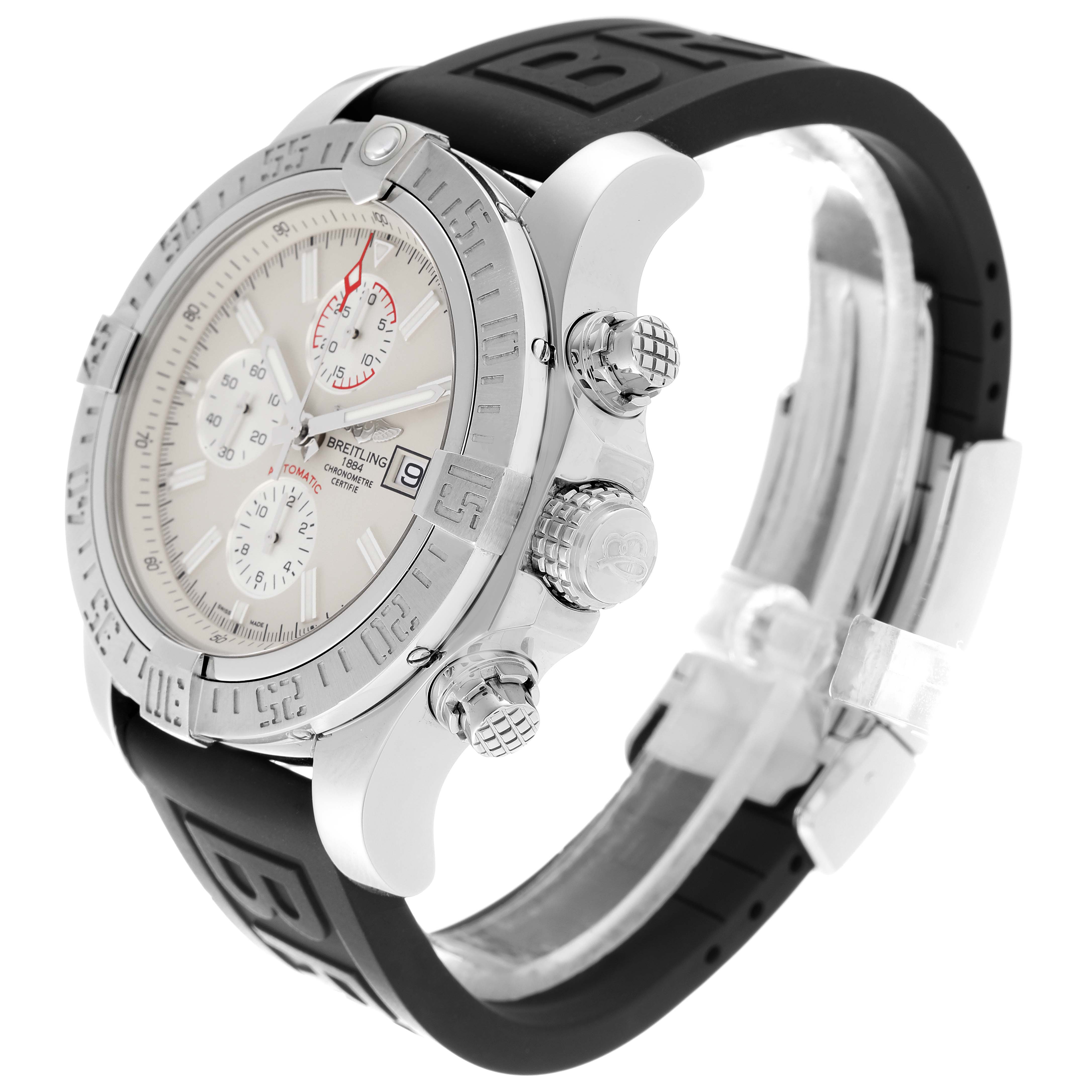 The image shows a Breitling Avenger A13371 Men's Stainless Steel Black Dial A13371 Men's Stainless Steel Black Dial model watch at an angle displaying the face, side buttons, and part of the rubber strap.