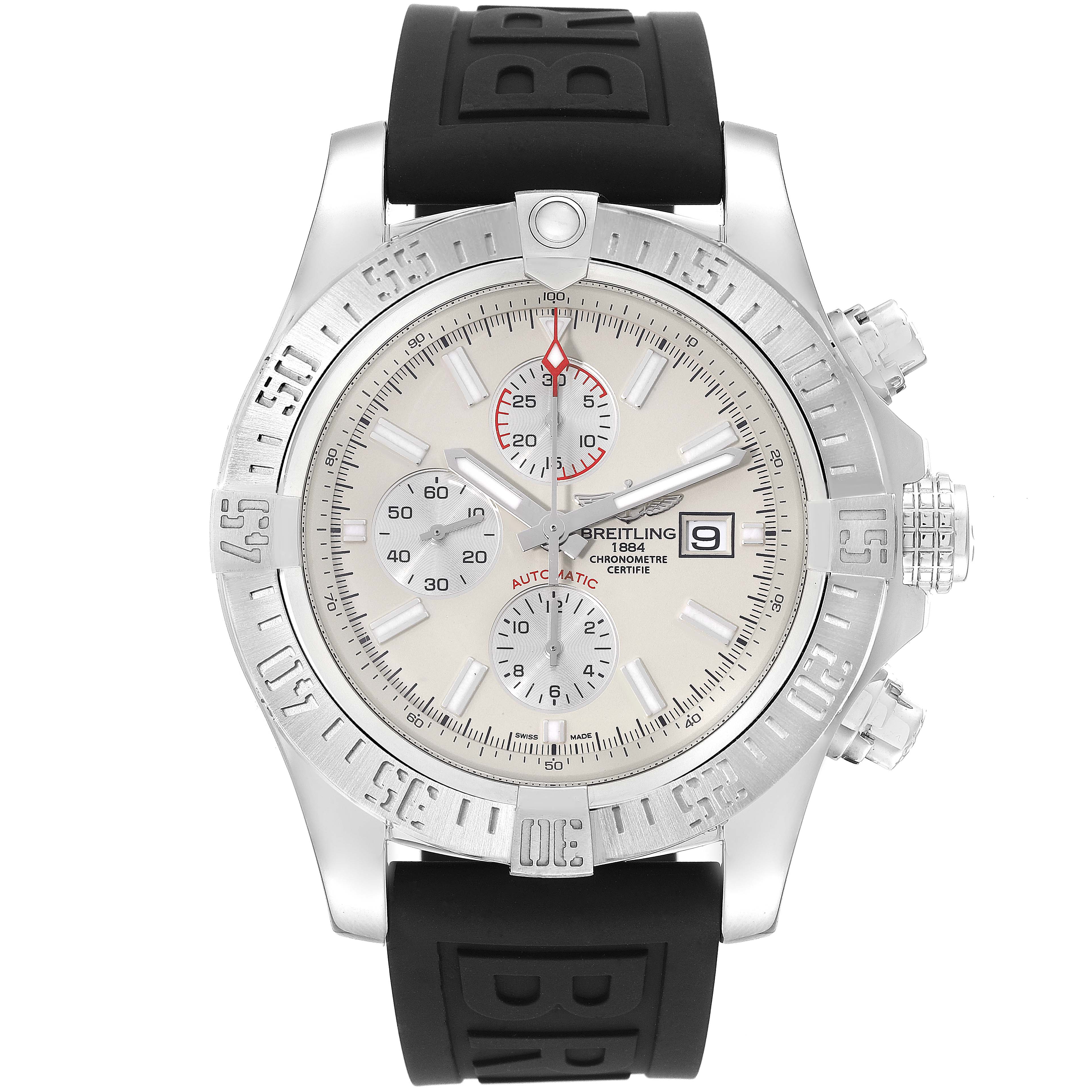 This image shows a front view of a Breitling Avenger A13371 Men's Stainless Steel Black Dial A13371 Men's Stainless Steel Black Dial model watch, displaying its dial, bezel, and chronograph features.