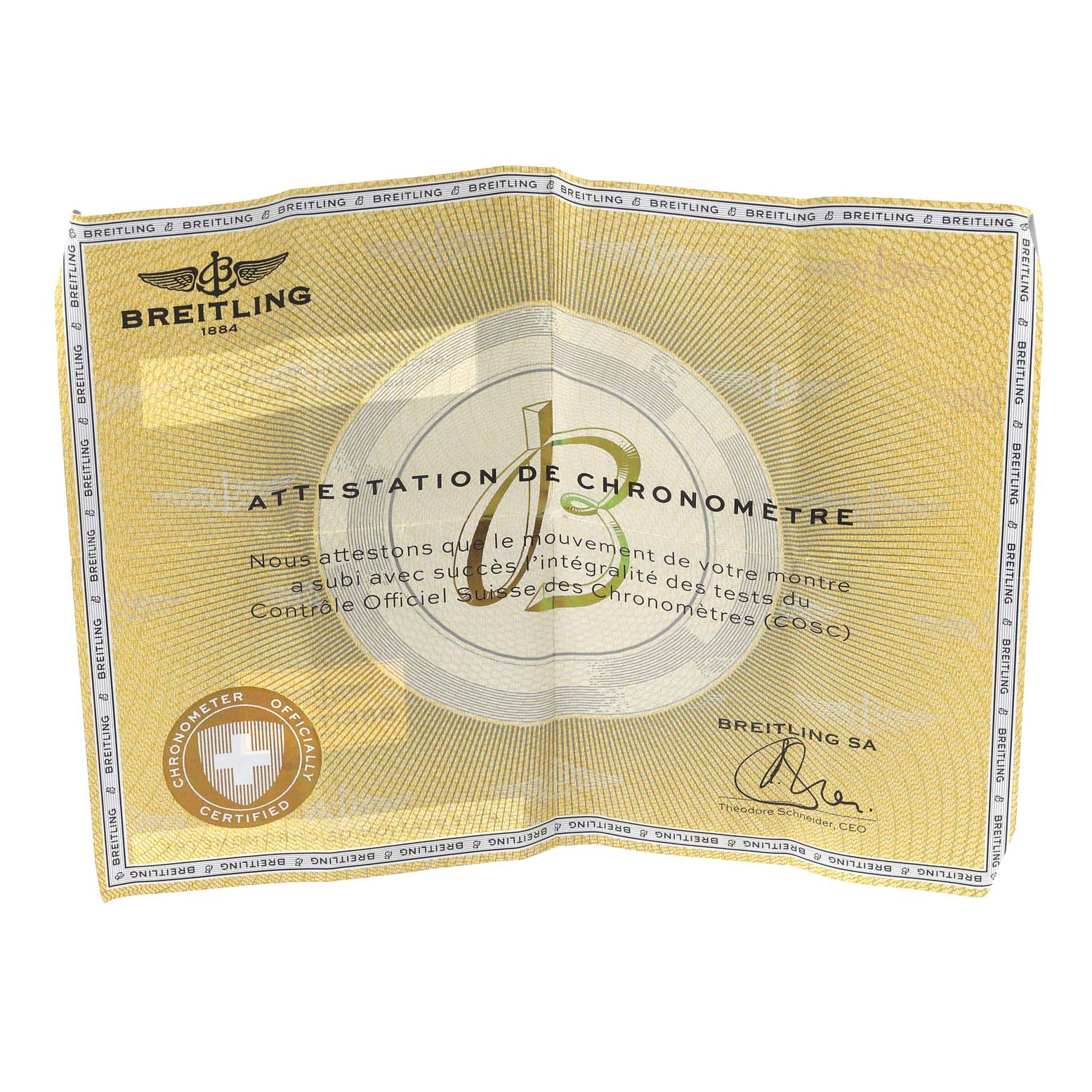 This image shows the chronometer certification document for the Breitling Avenger A13371 Men's Stainless Steel Black Dial A13371 Men's Stainless Steel Black Dial model watch.