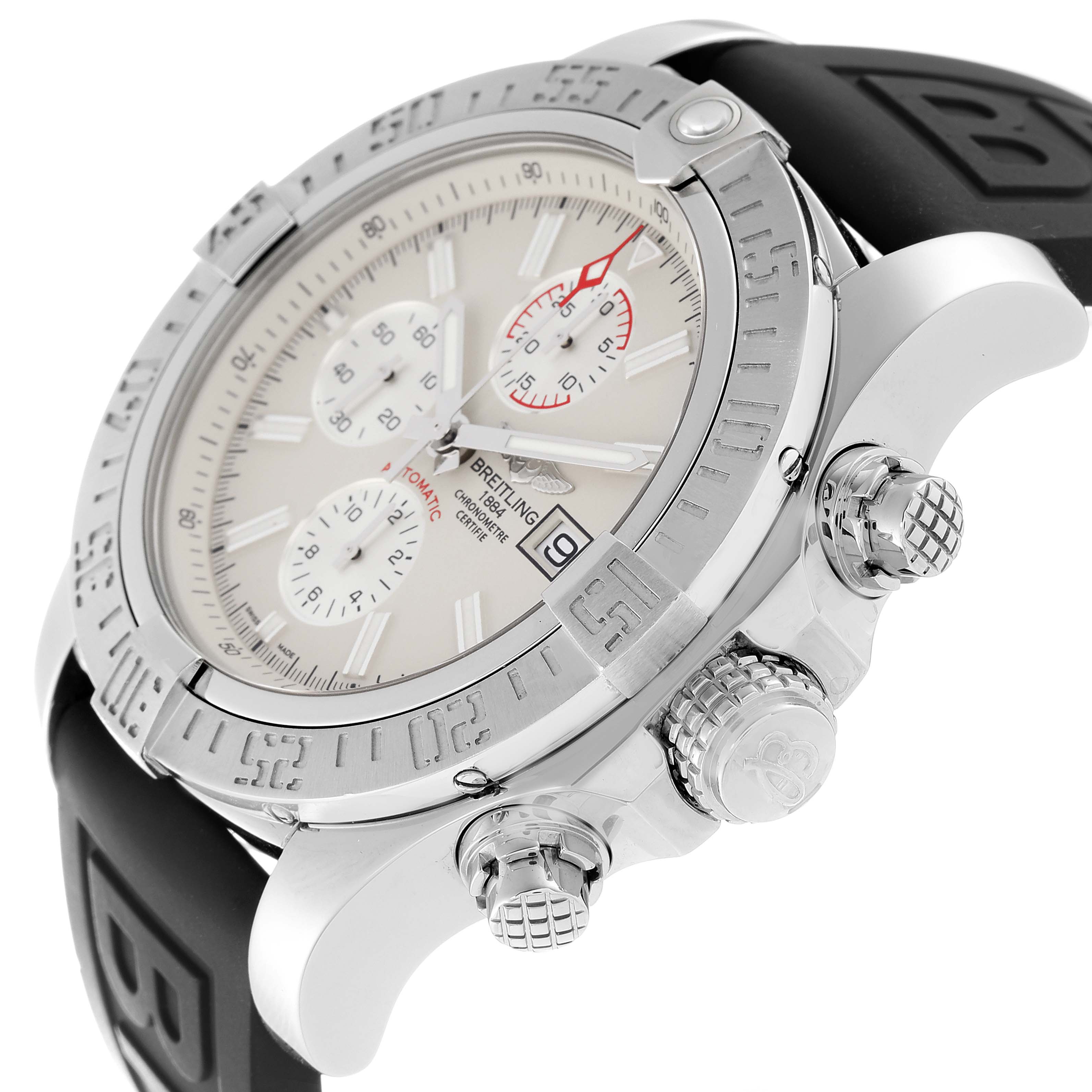 This image of a Breitling Avenger A13371 Men's Stainless Steel Black Dial A13371 Men's Stainless Steel Black Dial model watch shows the face, bezel, crown, pushers, and part of the rubber strap.