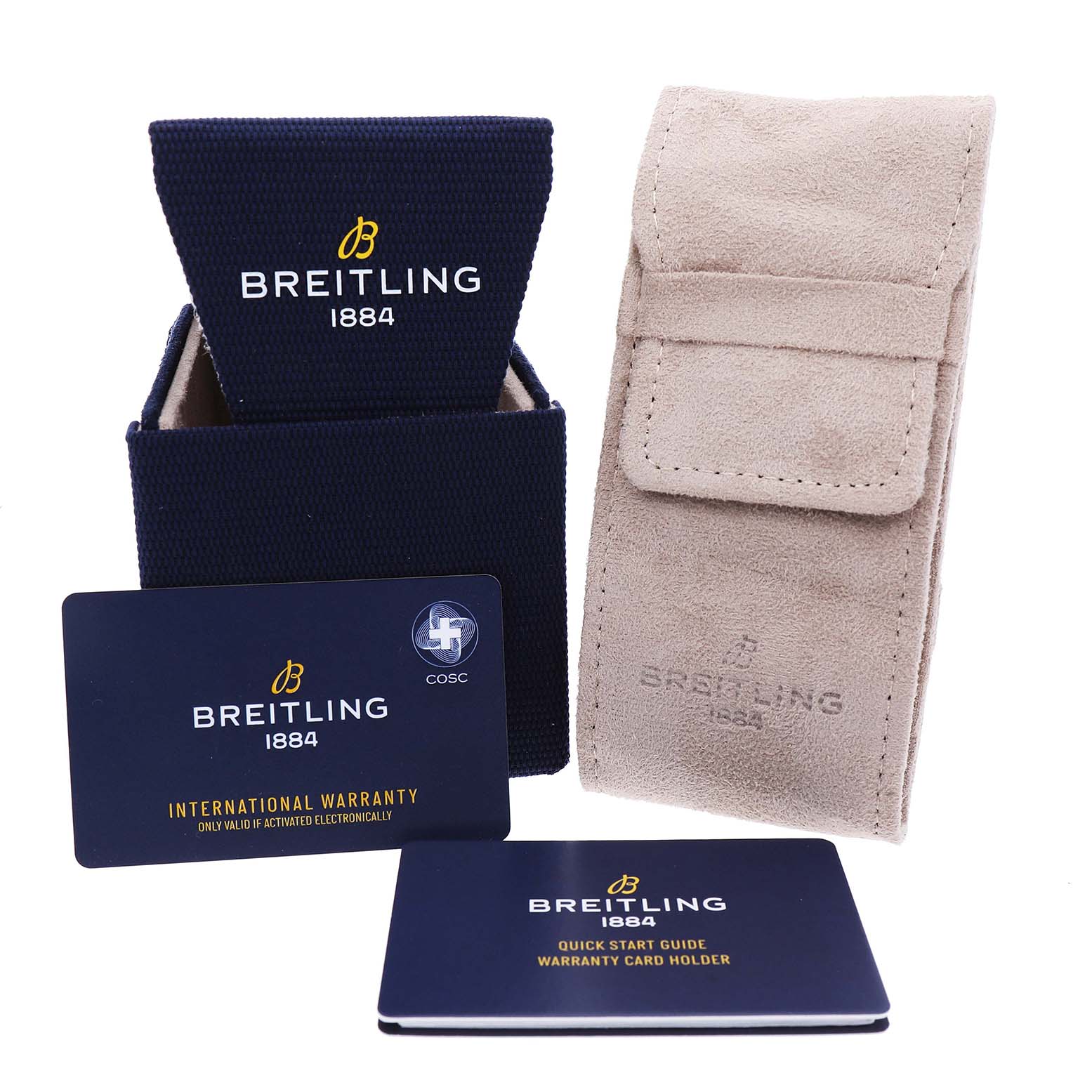 The image shows a Breitling Avenger SB0146 Men's Ceramic Blue Dial model's packaging, including a box, pouch, and warranty cards.
