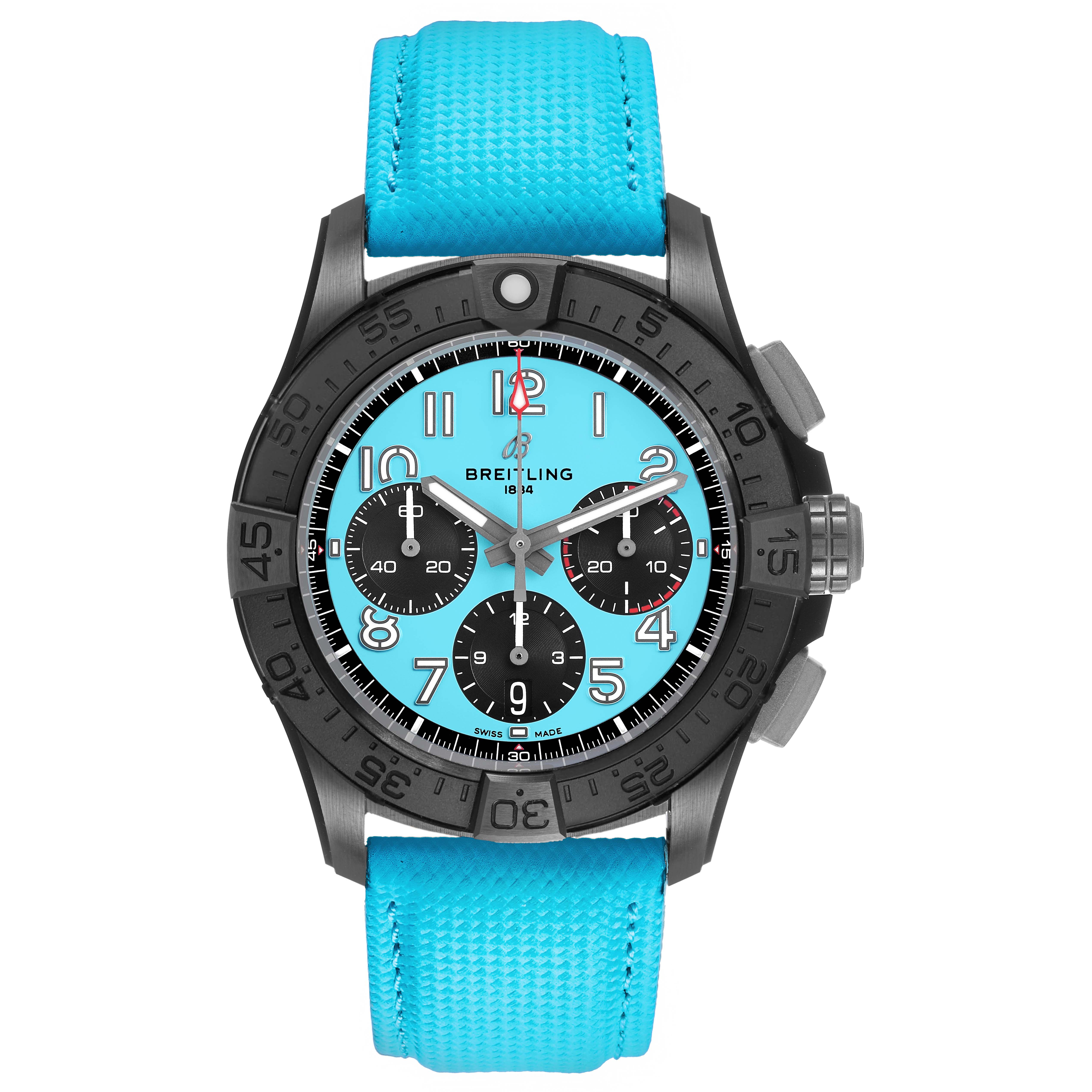 The Breitling Avenger SB0146 Men's Ceramic Blue Dial watch is shown face-on, displaying a turquoise dial, black bezel, and matching turquoise strap.