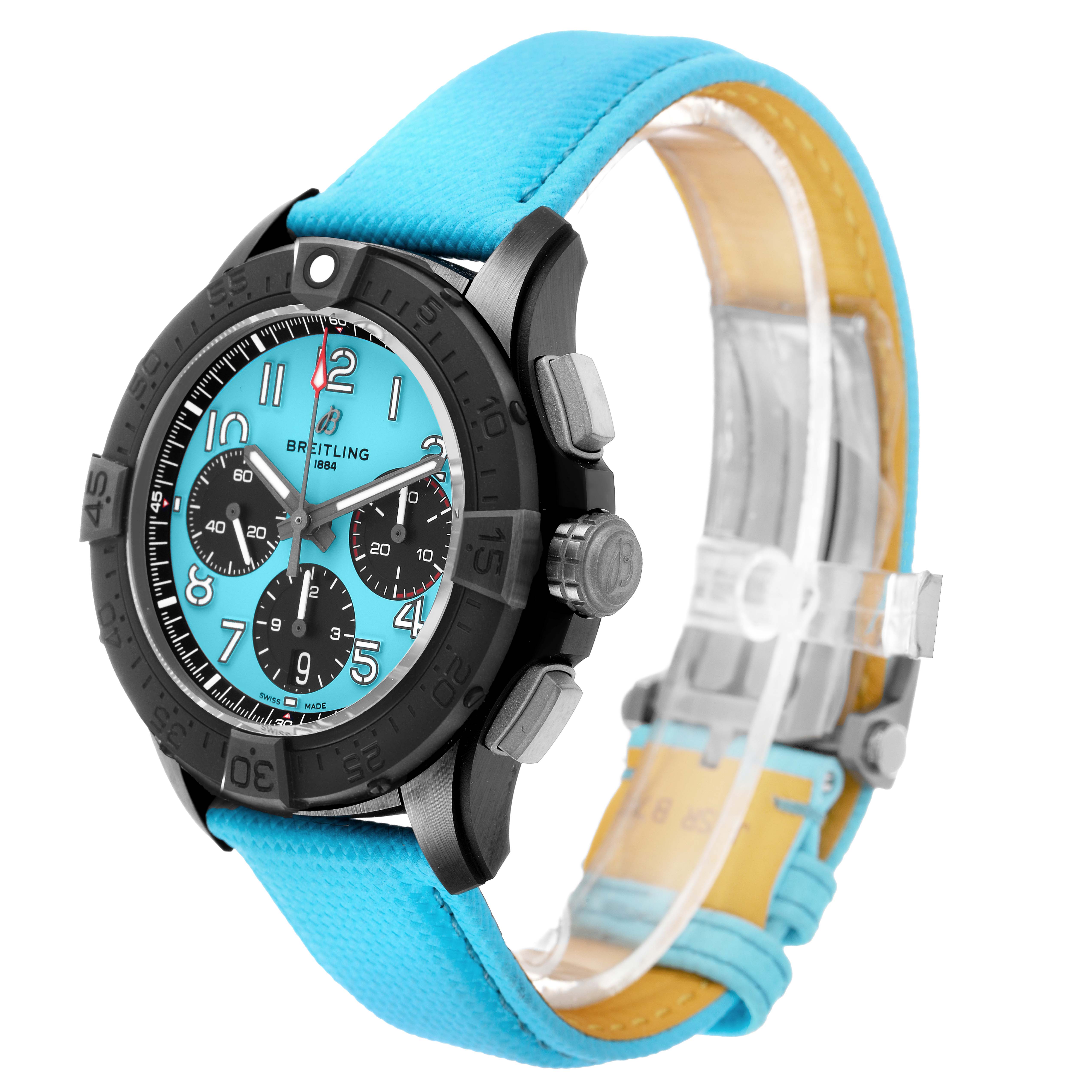 The Breitling Avenger SB0146 Men's Ceramic Blue Dial watch is shown at a three-quarter angle, highlighting the face, bezel, crown, and part of the strap.