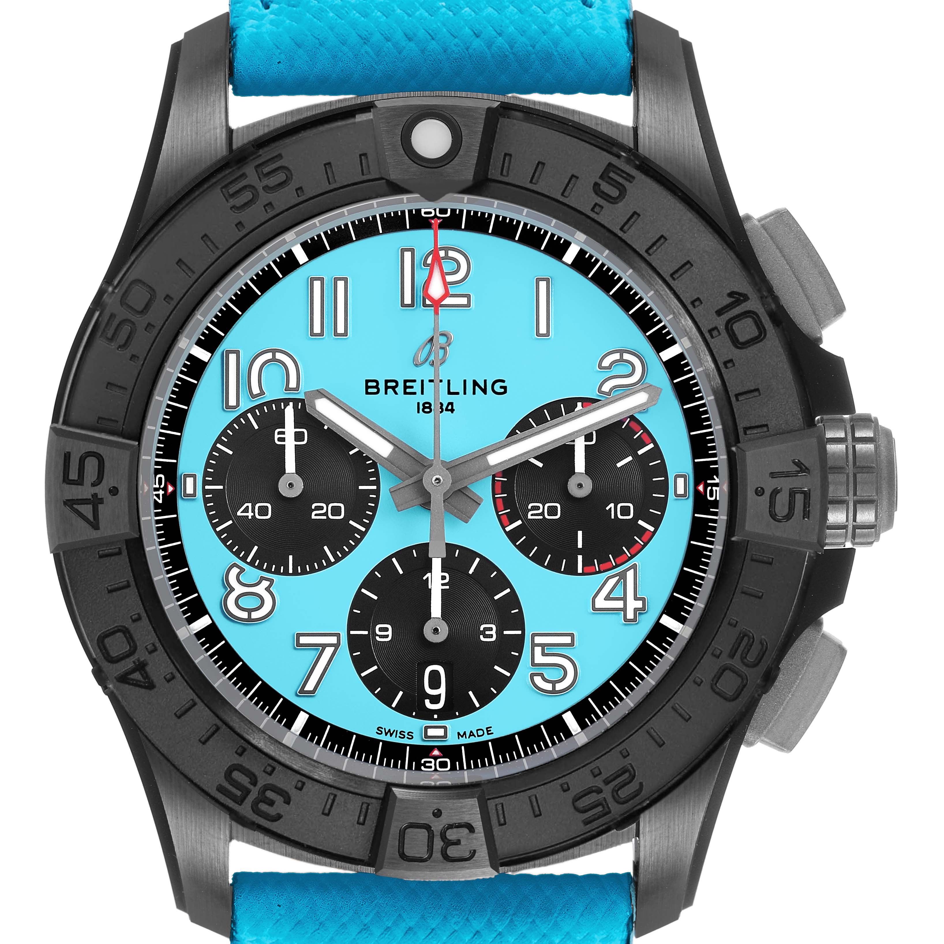 The Breitling Avenger SB0146 Men's Ceramic Blue Dial watch is shown from the front, highlighting its dial, bezel, and blue strap.