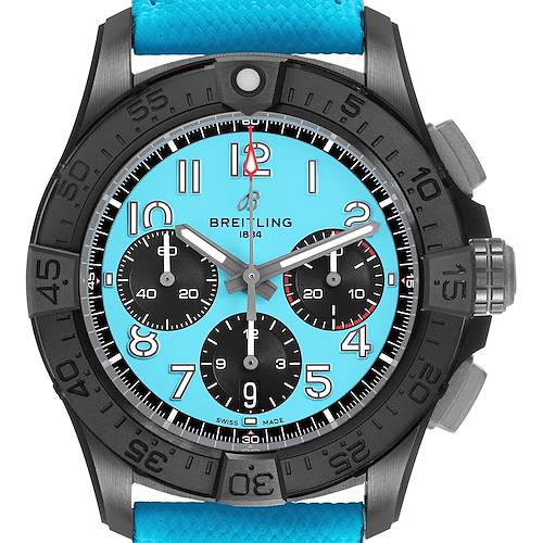 The Breitling Avenger SB0146 Men's Ceramic Blue Dial watch is shown from the front, highlighting its turquoise dial, black bezel, and blue strap.