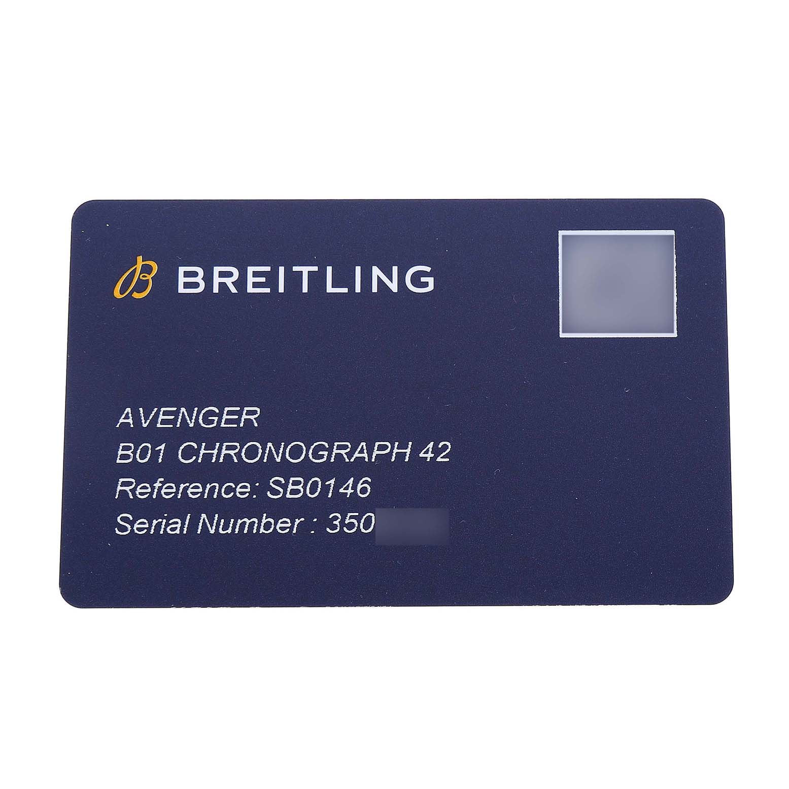 The image shows a Breitling Avenger SB0146 Men's Ceramic Blue Dial model warranty card, displaying model details and serial number.