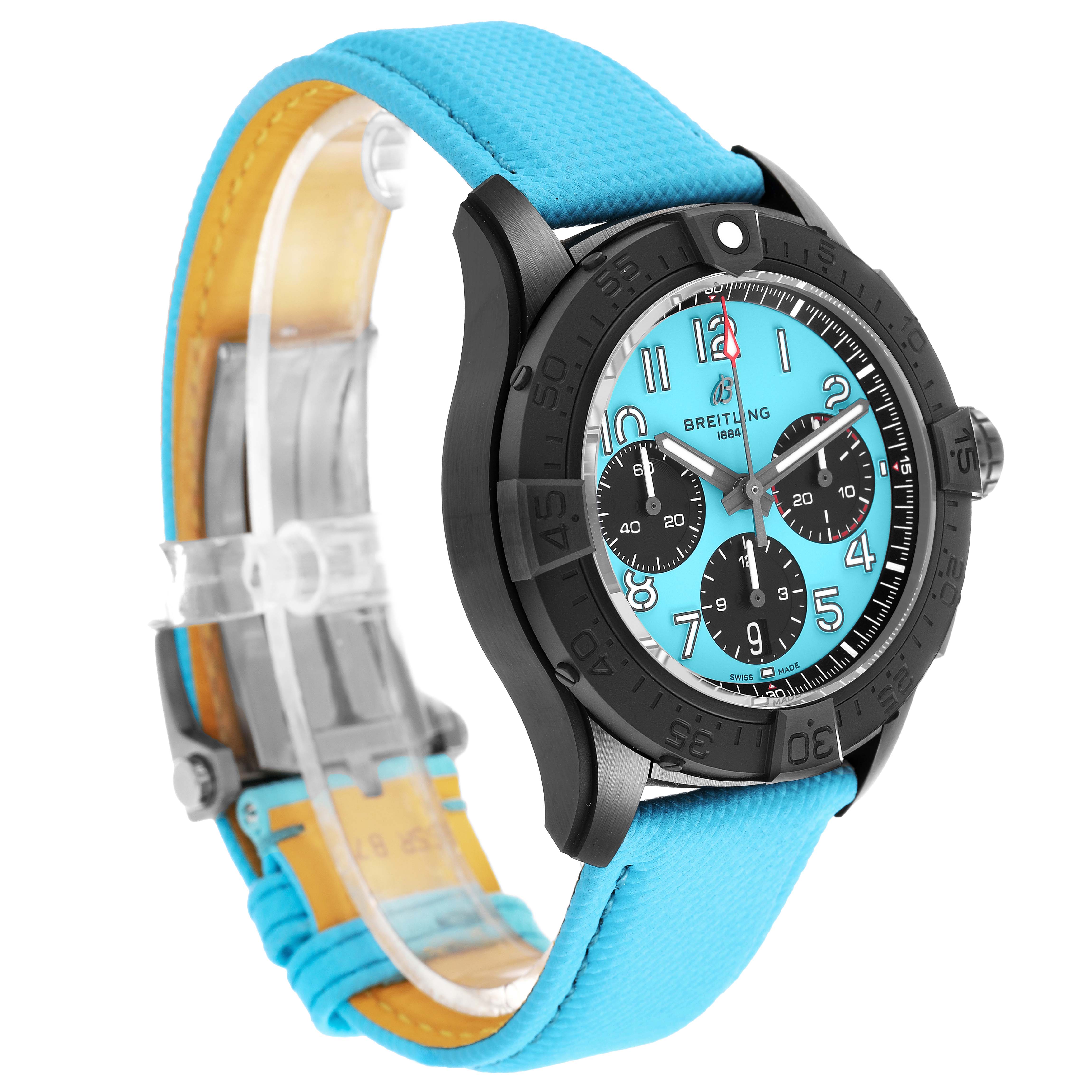 The Breitling Avenger SB0146 Men's Ceramic Blue Dial watch is shown at a three-quarter angle, highlighting the bezel, dial, and blue strap.