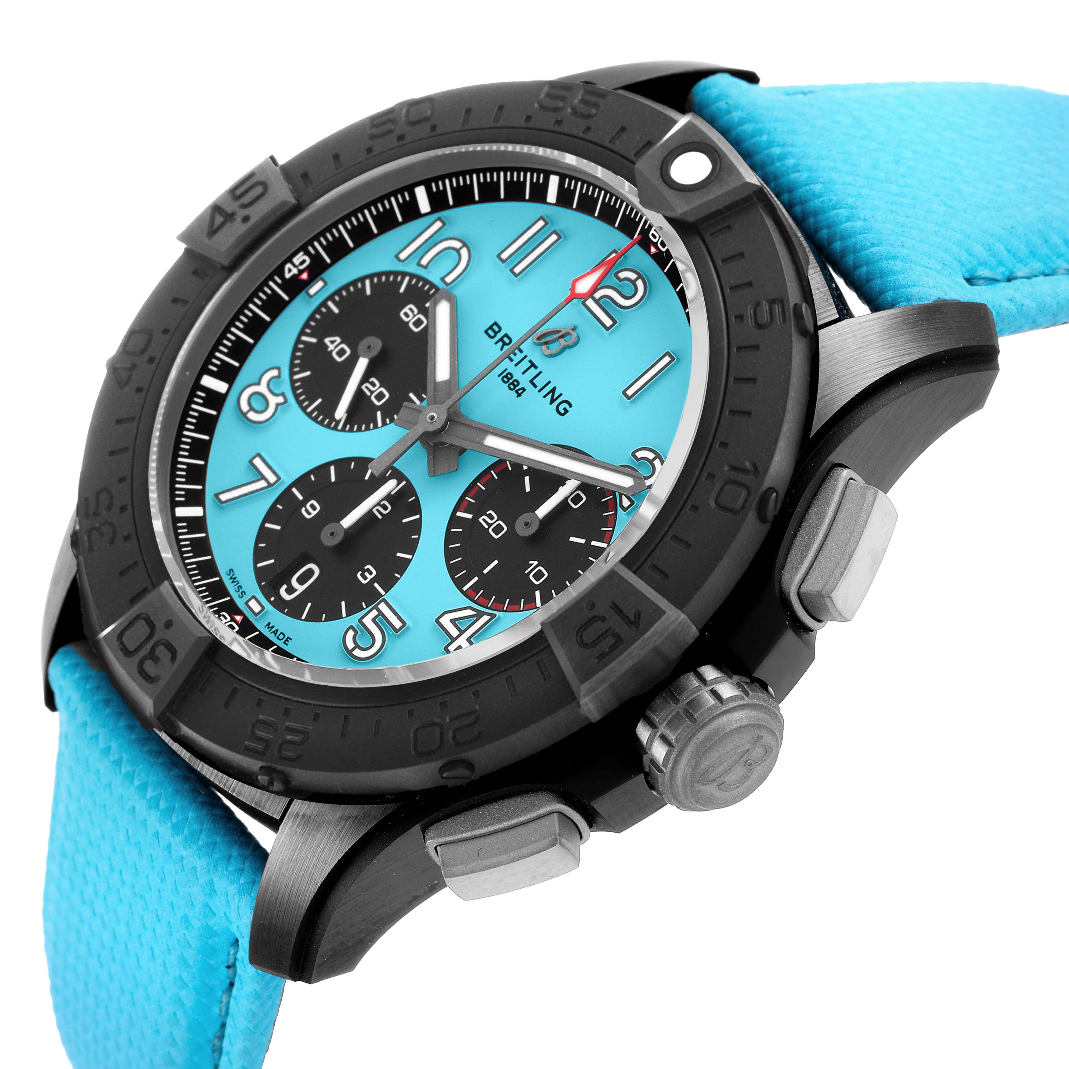 The Breitling Avenger SB0146 Men's Ceramic Blue Dial watch is shown at an angled view displaying its face, bezel, chronograph buttons, and bright blue strap.