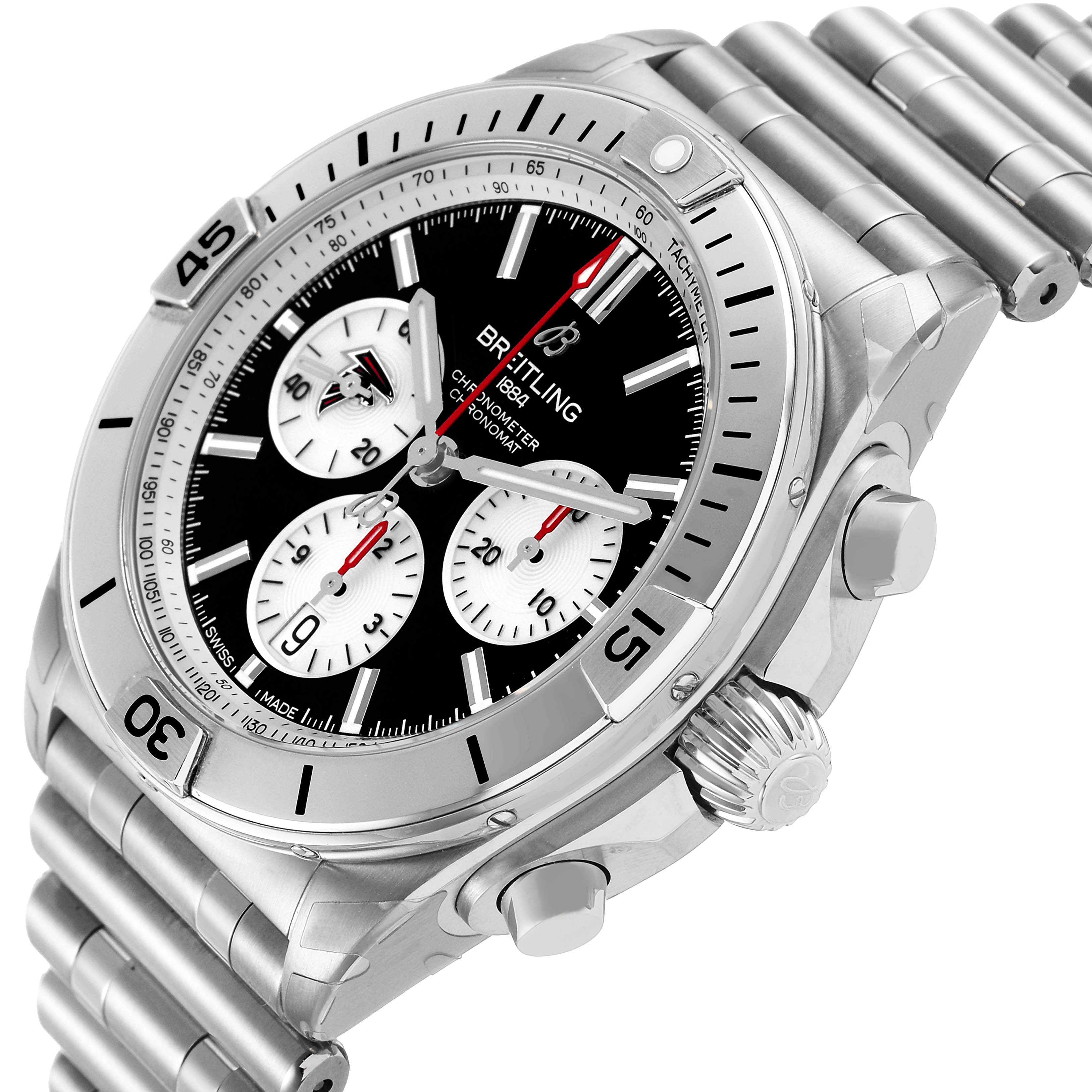 The Breitling Chronomat AB0134 Men's Stainless Steel Black Dial watch is shown from an angled side view, highlighting the case, bezel, dial, and crown.