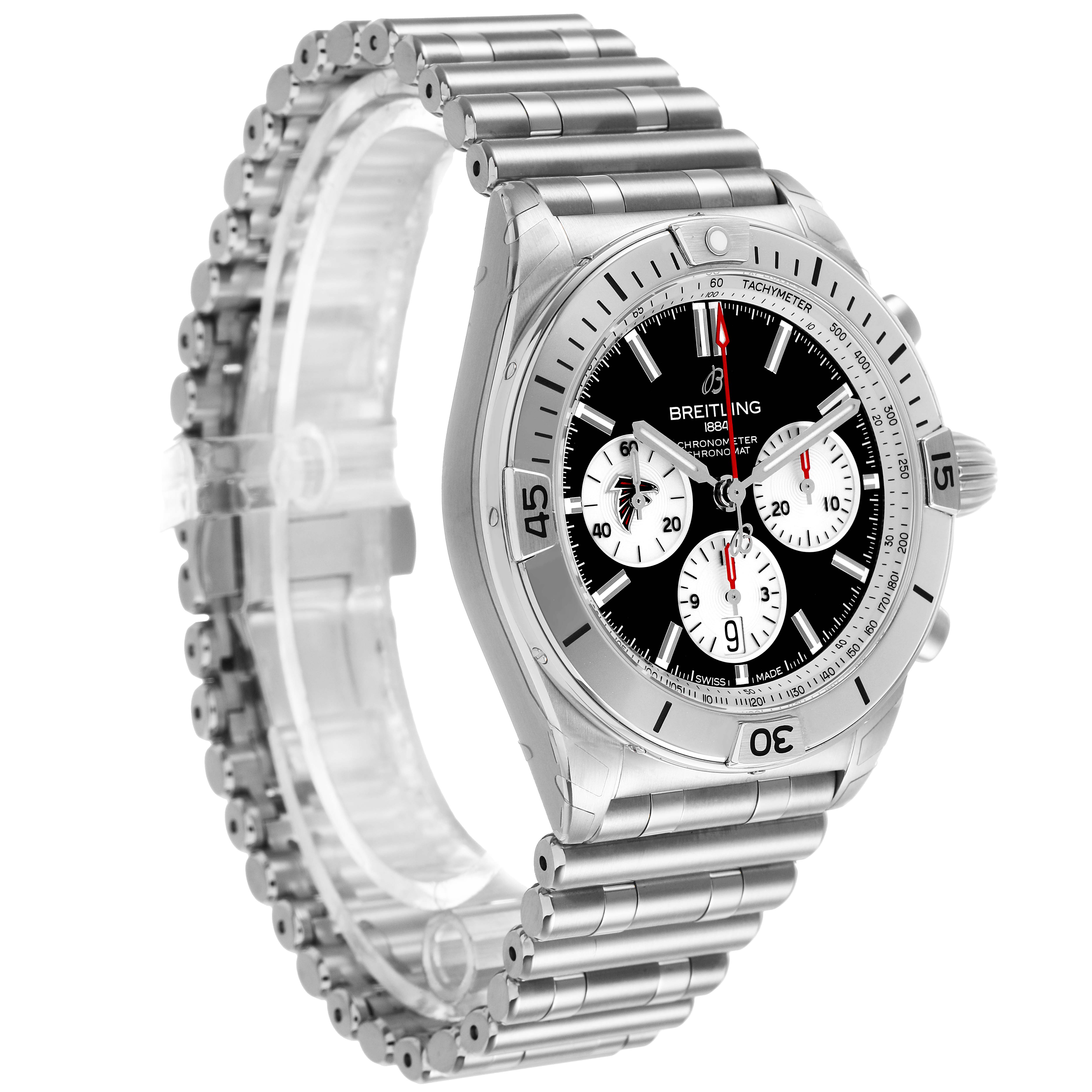 The Breitling Chronomat AB0134 Men's Stainless Steel Black Dial watch is shown at an angle highlighting the bezel, dial, and bracelet.