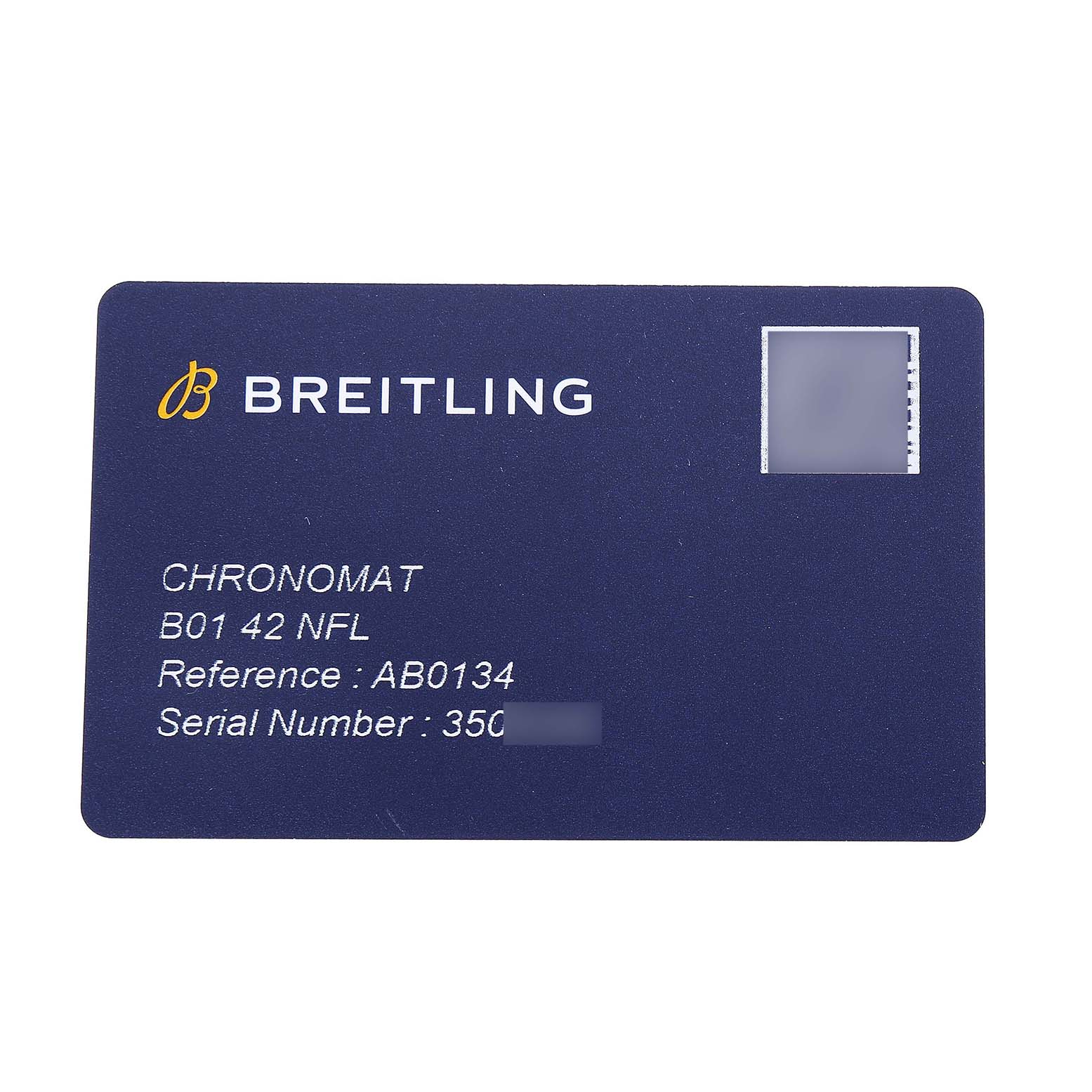 The image shows a warranty card for the Breitling Chronomat AB0134 Men's Stainless Steel Black Dial model, displaying reference and serial numbers.