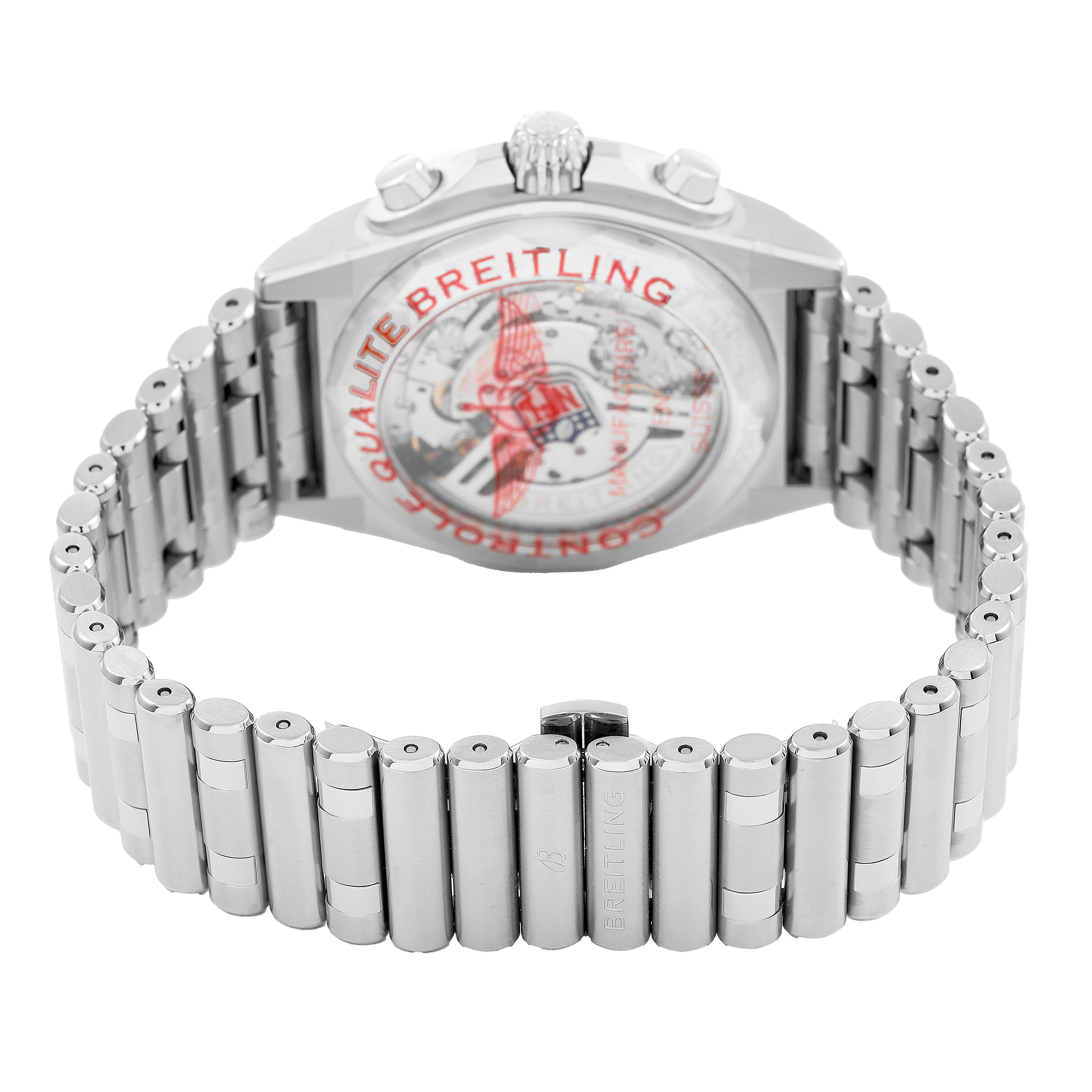 The image shows the backside of the Breitling Chronomat AB0134 Men's Stainless Steel Black Dial watch, highlighting the case back and part of the metal bracelet.