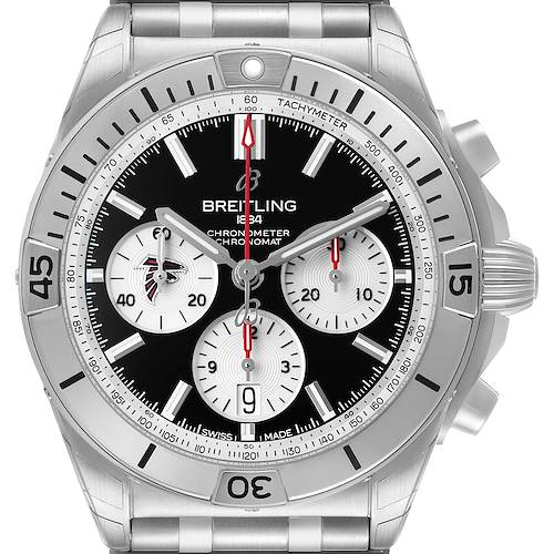 The image shows a front view of the Breitling Chronomat AB0134 Men's Stainless Steel Black Dial watch, highlighting its dial, subdials, bezel, and crown.
