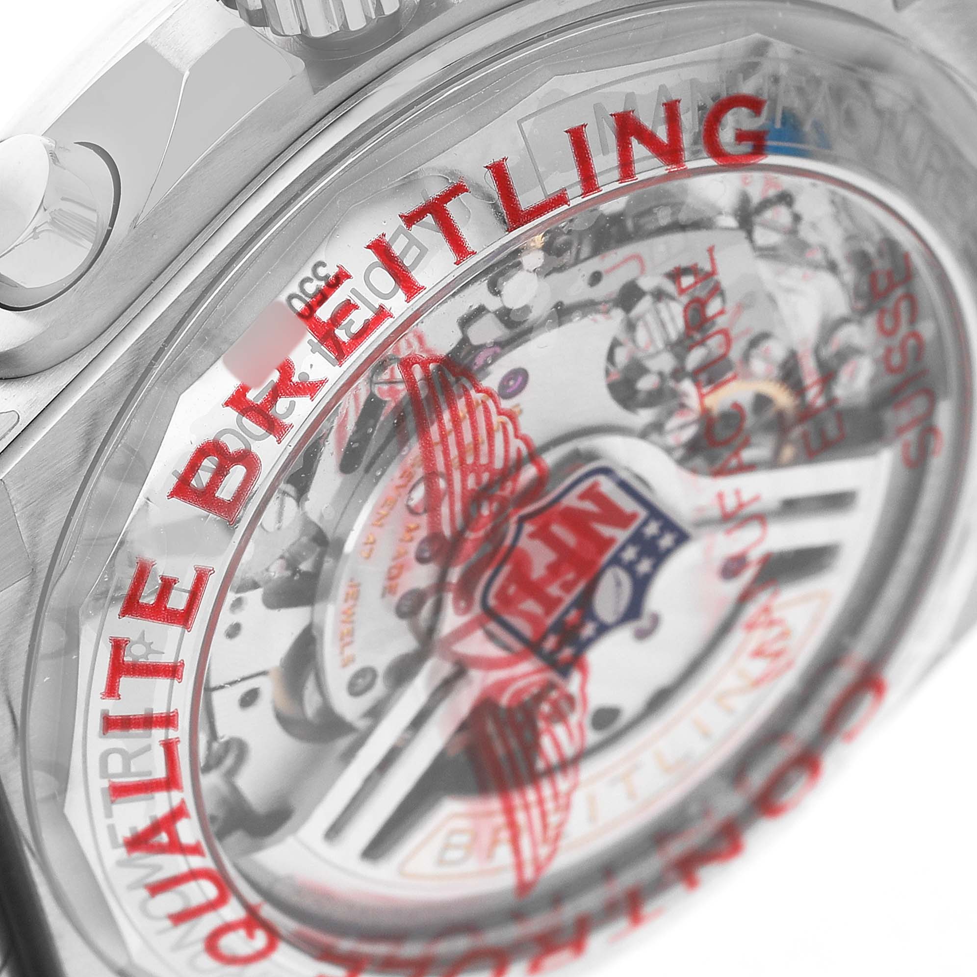 The image shows the exhibition case back of a Breitling Chronomat AB0134 Men's Stainless Steel Black Dial watch, displaying its internal mechanism and branding.
