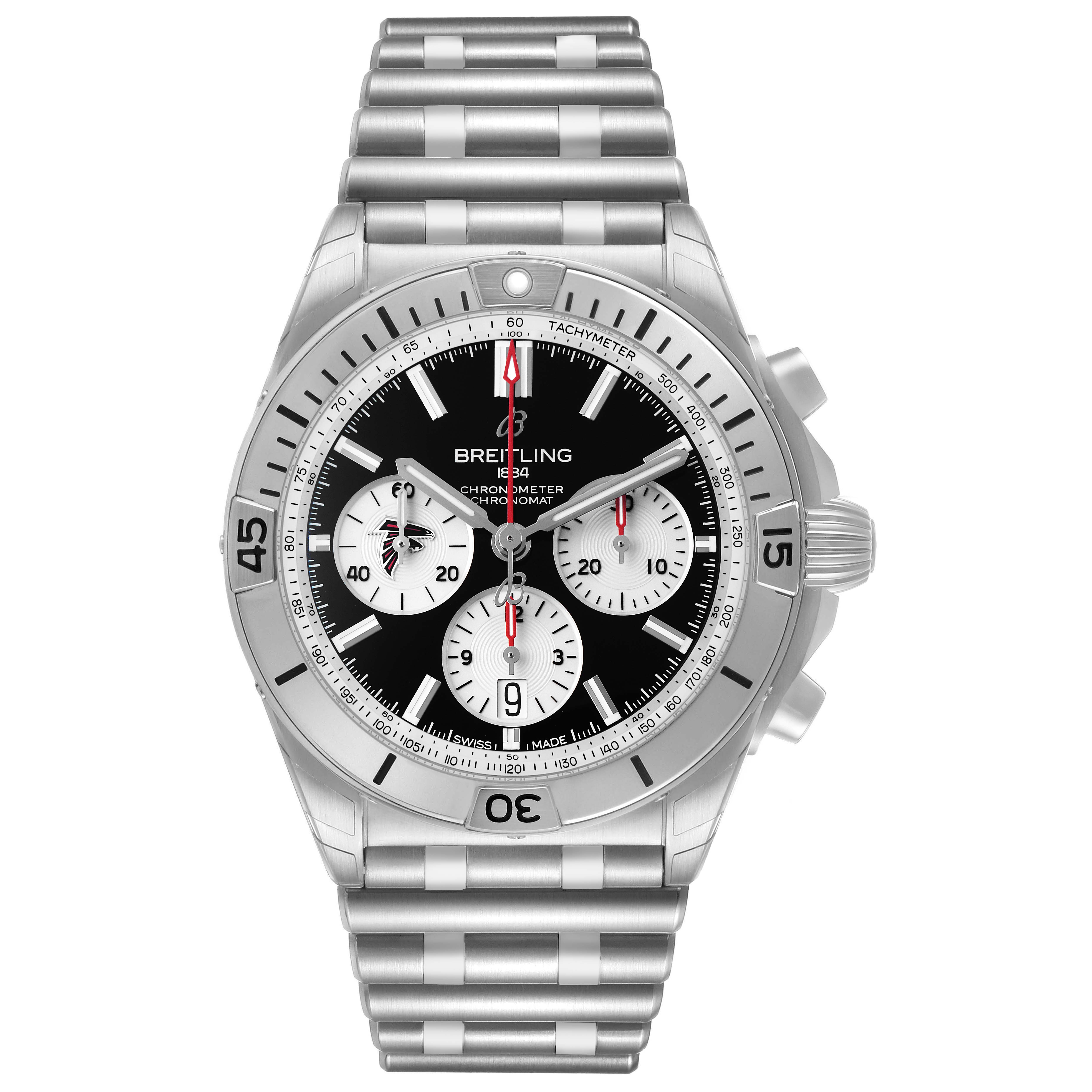 The Breitling Chronomat AB0134 Men's Stainless Steel Black Dial watch is shown from a top-down angle, displaying its face, bezel, and bracelet.