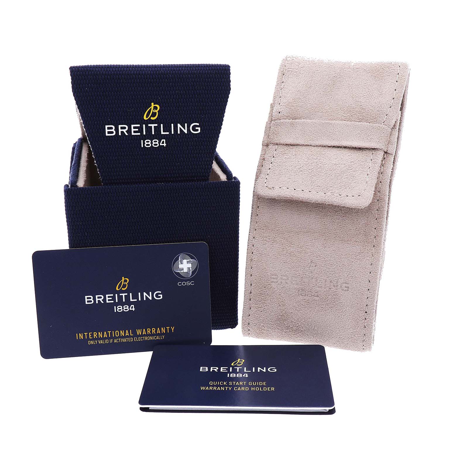 The image shows a Breitling Chronomat AB0134 Men's Stainless Steel Black Dial watch box, suede pouch, and warranty cards viewed from an angle.