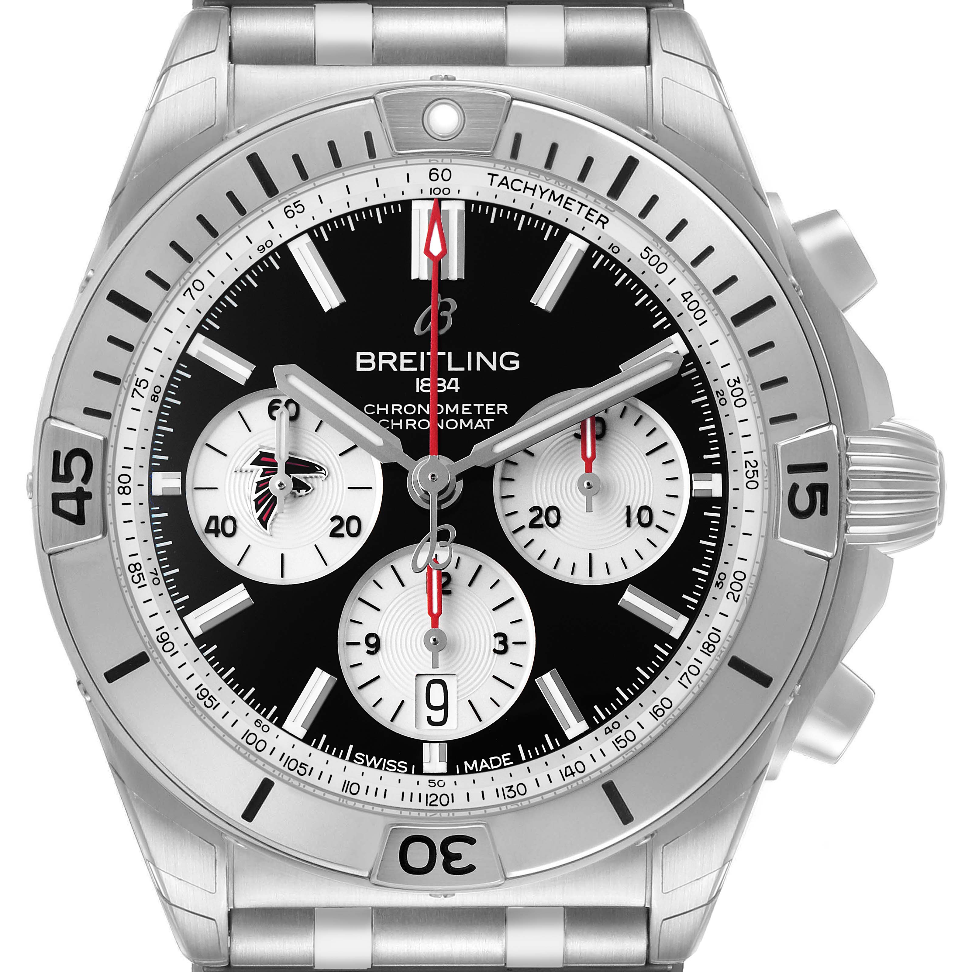 The Breitling Chronomat AB0134 Men's Stainless Steel Black Dial watch is shown from a front angle, displaying its face, bezel, crown, and chronograph subdials.
