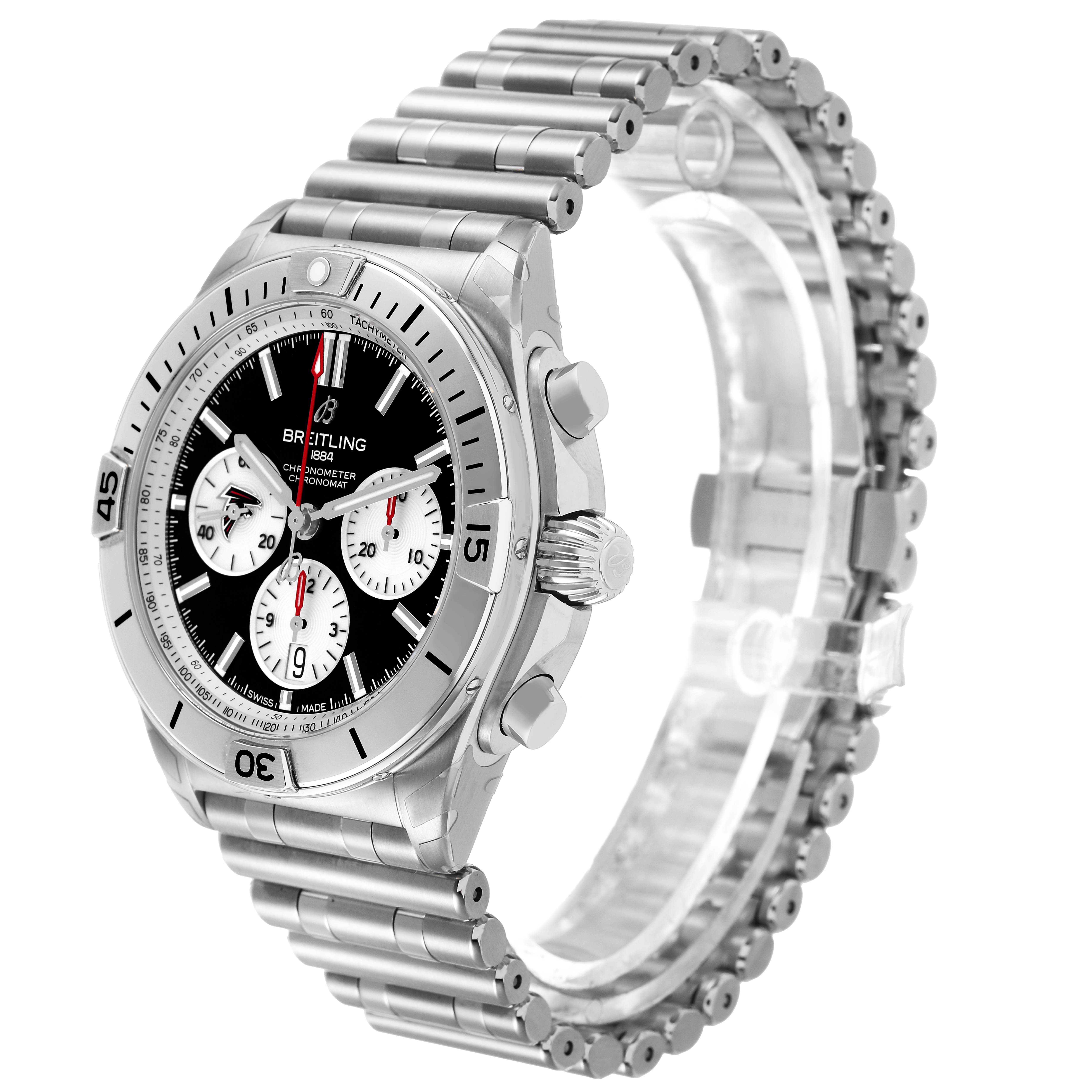The Breitling Chronomat AB0134 Men's Stainless Steel Black Dial watch is shown at an angled side view highlighting the bezel, dial, and metal bracelet.