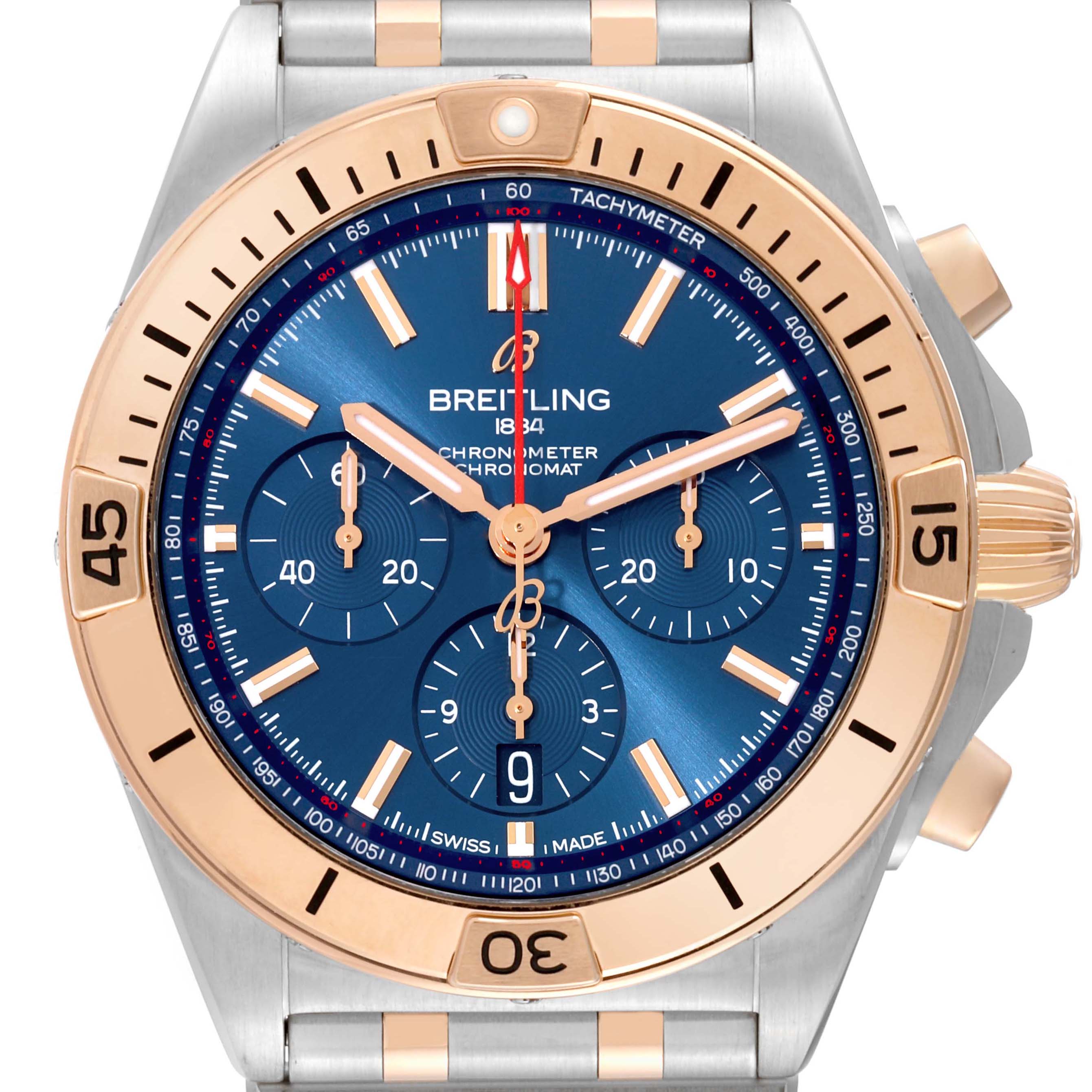 The image shows a Breitling Chronomat UB0134101C1U1 Men's Steel and Gold (two tone) Blue Dial watch at a front angle, highlighting the blue dial, subdials, and rose gold bezel.