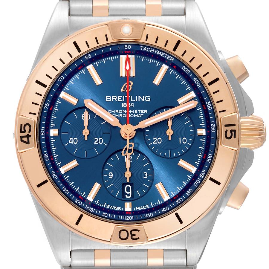 The image shows a Breitling Chronomat UB0134101C1U1 Men's Steel and Gold (two tone) Blue Dial watch at a front angle, highlighting the blue dial, subdials, and rose gold bezel.