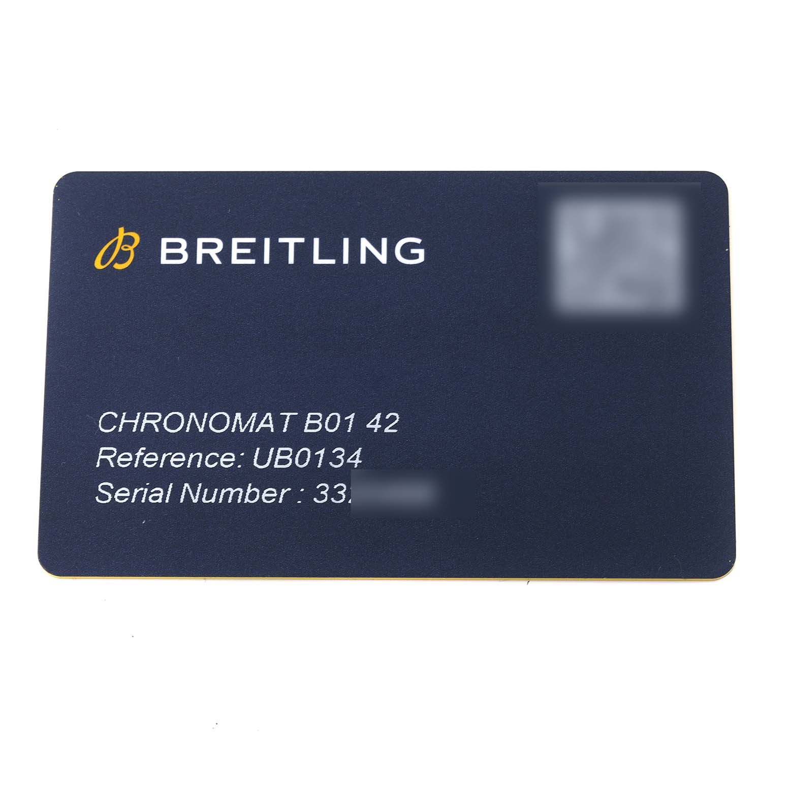 The image shows a warranty or identification card for the Breitling Chronomat UB0134101C1U1 Men's Steel and Gold (two tone) Blue Dial UB0134101C1U1 Men's Steel and Gold (two tone) Blue Dial B01 42 model, displaying its reference and serial number.