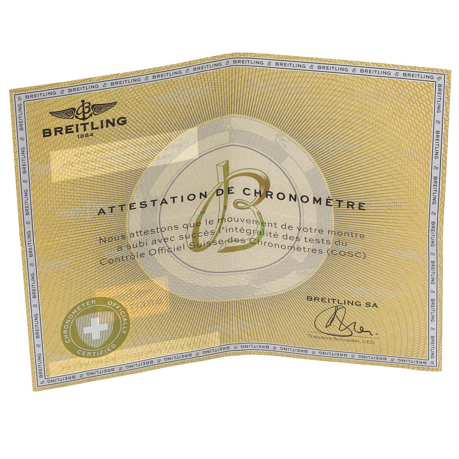 This image shows the certification document for the Chronomat model by Breitling.