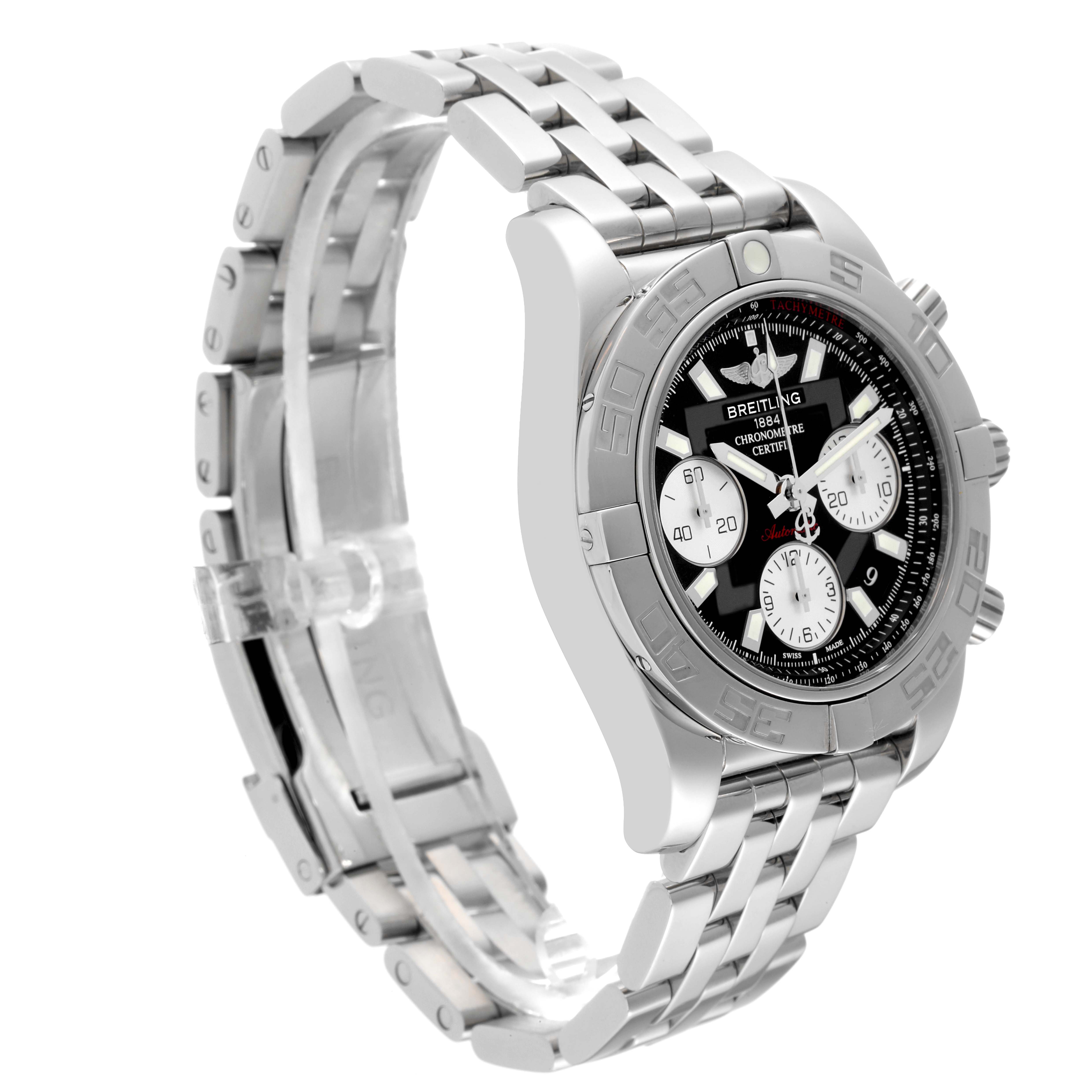 The image shows a side angle of the Breitling Chronomat AB0140 Men's Stainless Steel Black Dial AB0140 Men's Stainless Steel Black Dial watch, highlighting its stainless steel bracelet, case, and chronograph dials.