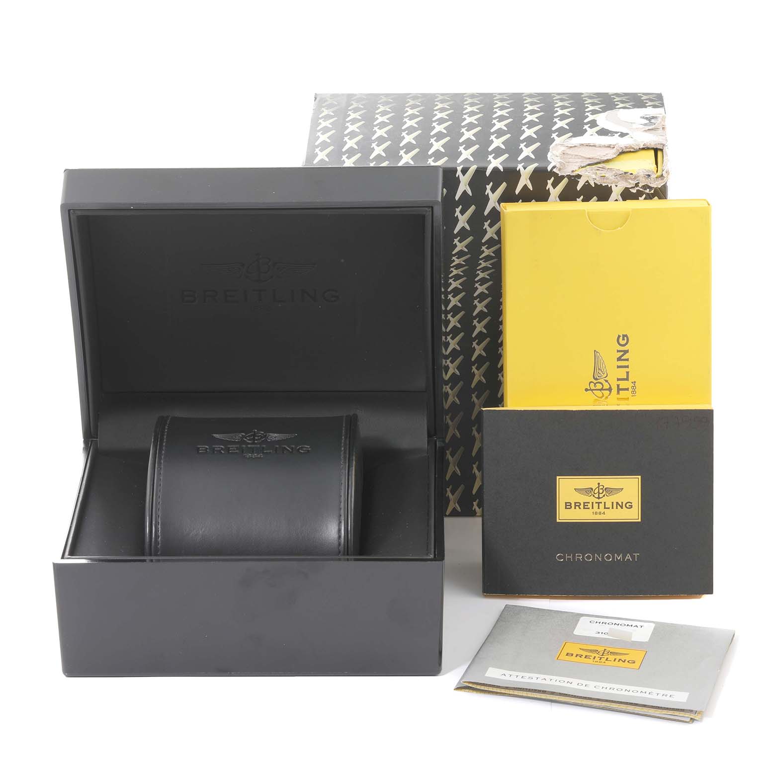 The image shows the Breitling Chronomat AB0140 Men's Stainless Steel Black Dial AB0140 Men's Stainless Steel Black Dial watch box, inner case, and accompanying documents from a front angle.