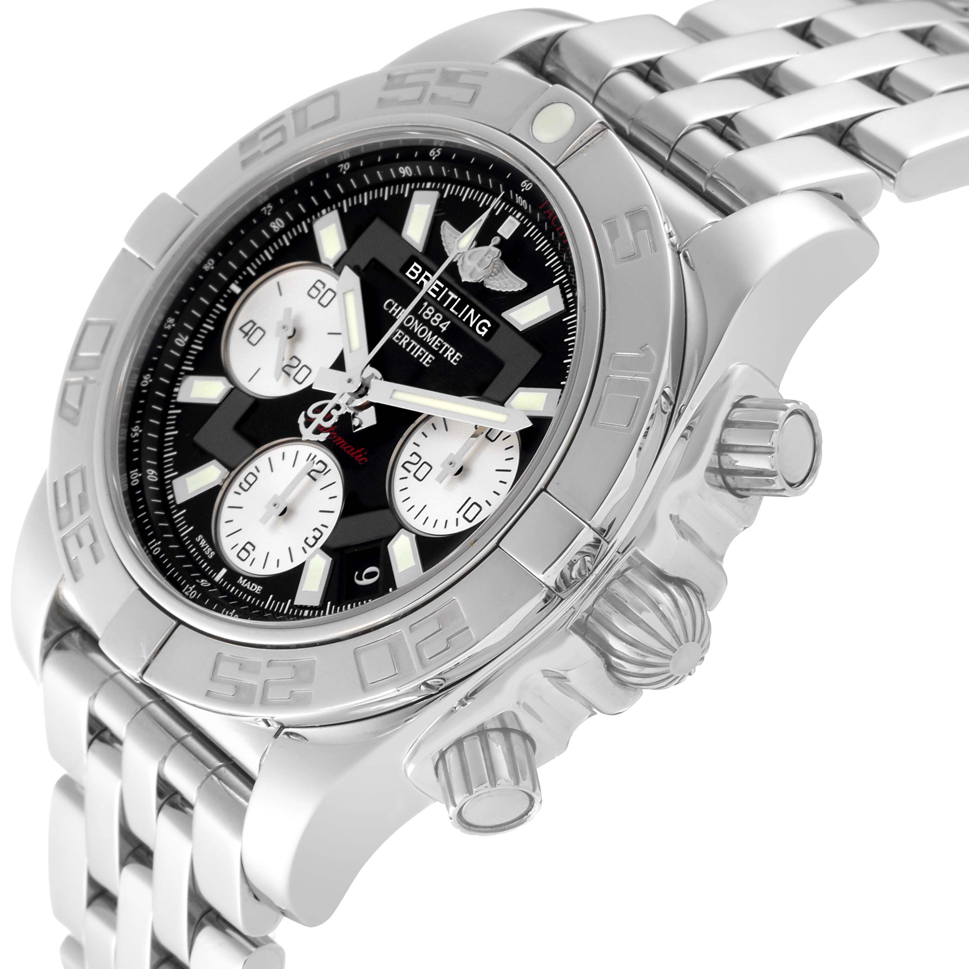 The Breitling Chronomat AB0140 Men's Stainless Steel Black Dial AB0140 Men's Stainless Steel Black Dial watch is displayed from an angled side view, showing the face, bezel, and chronograph pushers.