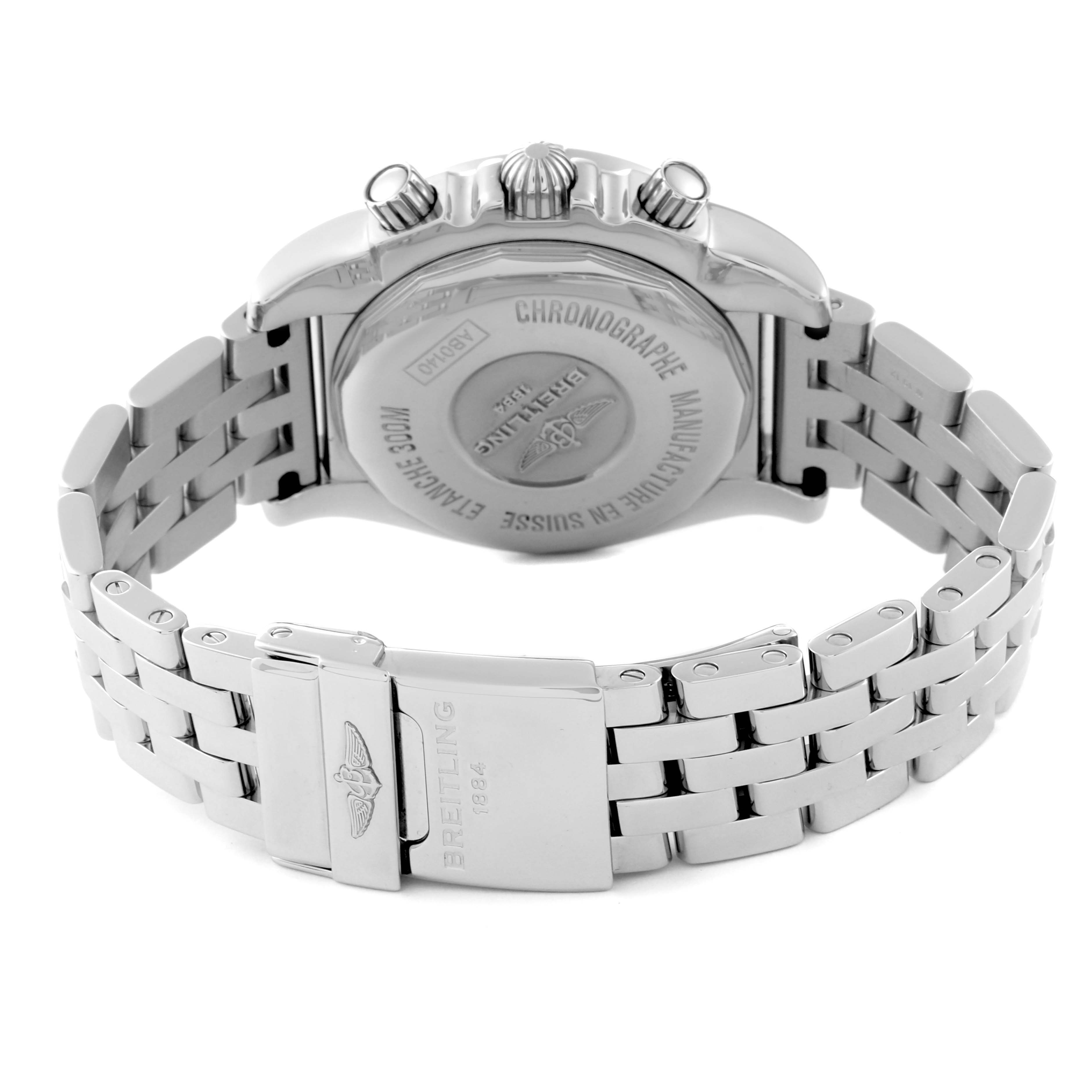 This image shows the Breitling Chronomat AB0140 Men's Stainless Steel Black Dial AB0140 Men's Stainless Steel Black Dial watch from a rear angle, highlighting the case back, crown, pushers, and bracelet.