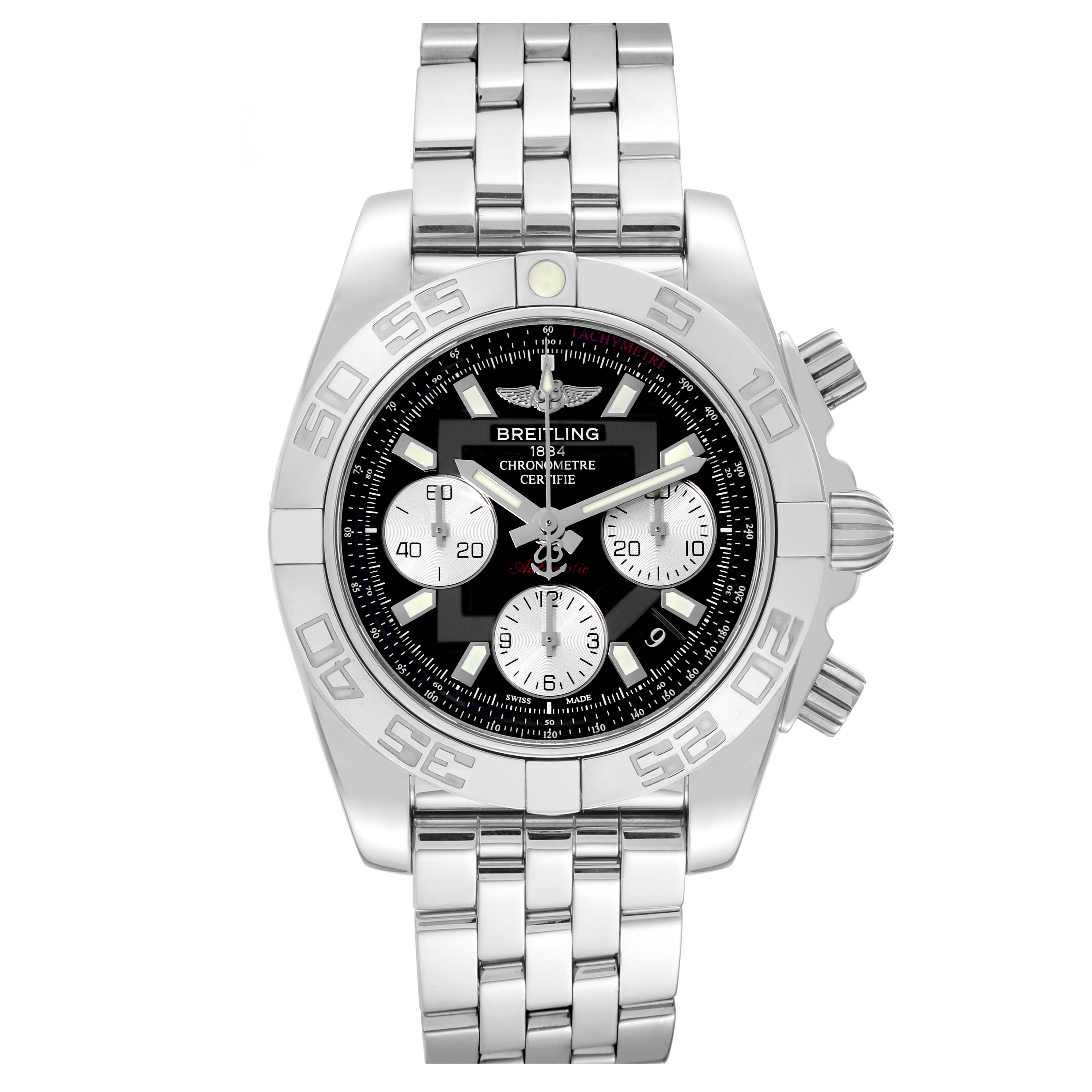 This image shows a front view of a Breitling Chronomat AB0140 Men's Stainless Steel Black Dial AB0140 Men's Stainless Steel Black Dial watch displaying its face, bezel, and stainless steel bracelet.