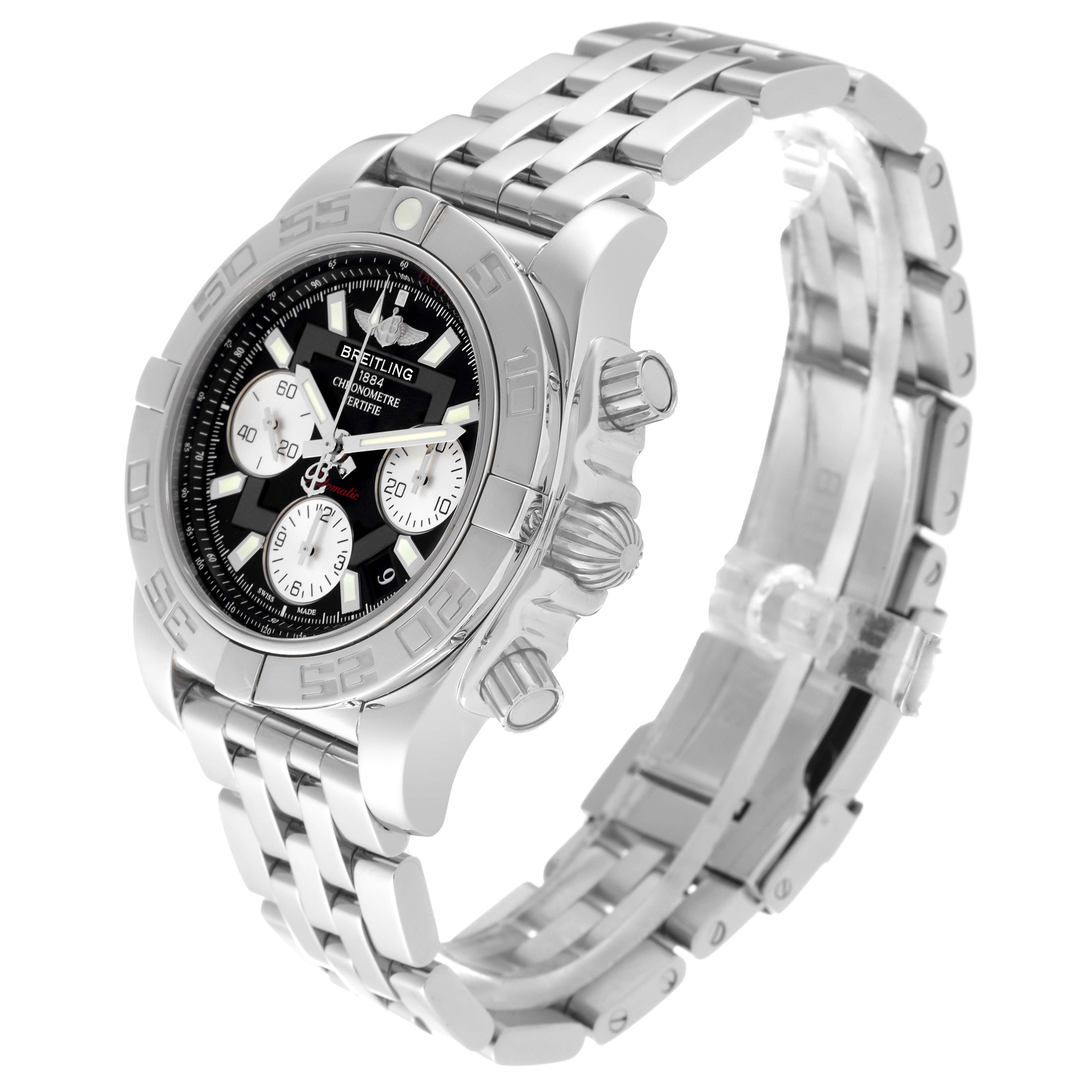The image shows a Breitling Chronomat AB0140 Men's Stainless Steel Black Dial AB0140 Men's Stainless Steel Black Dial watch angled to display the dial, crown, pushers, and part of the stainless steel bracelet.