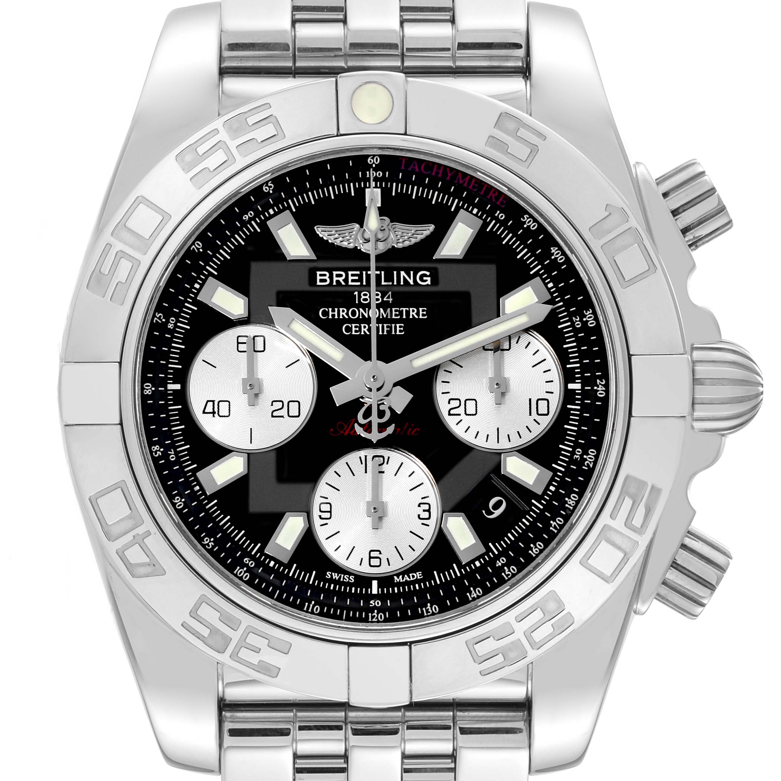 The image shows a front view of a Breitling Chronomat AB0140 Men's Stainless Steel Black Dial AB0140 Men's Stainless Steel Black Dial watch, highlighting the face, bezel, and part of the metal bracelet.
