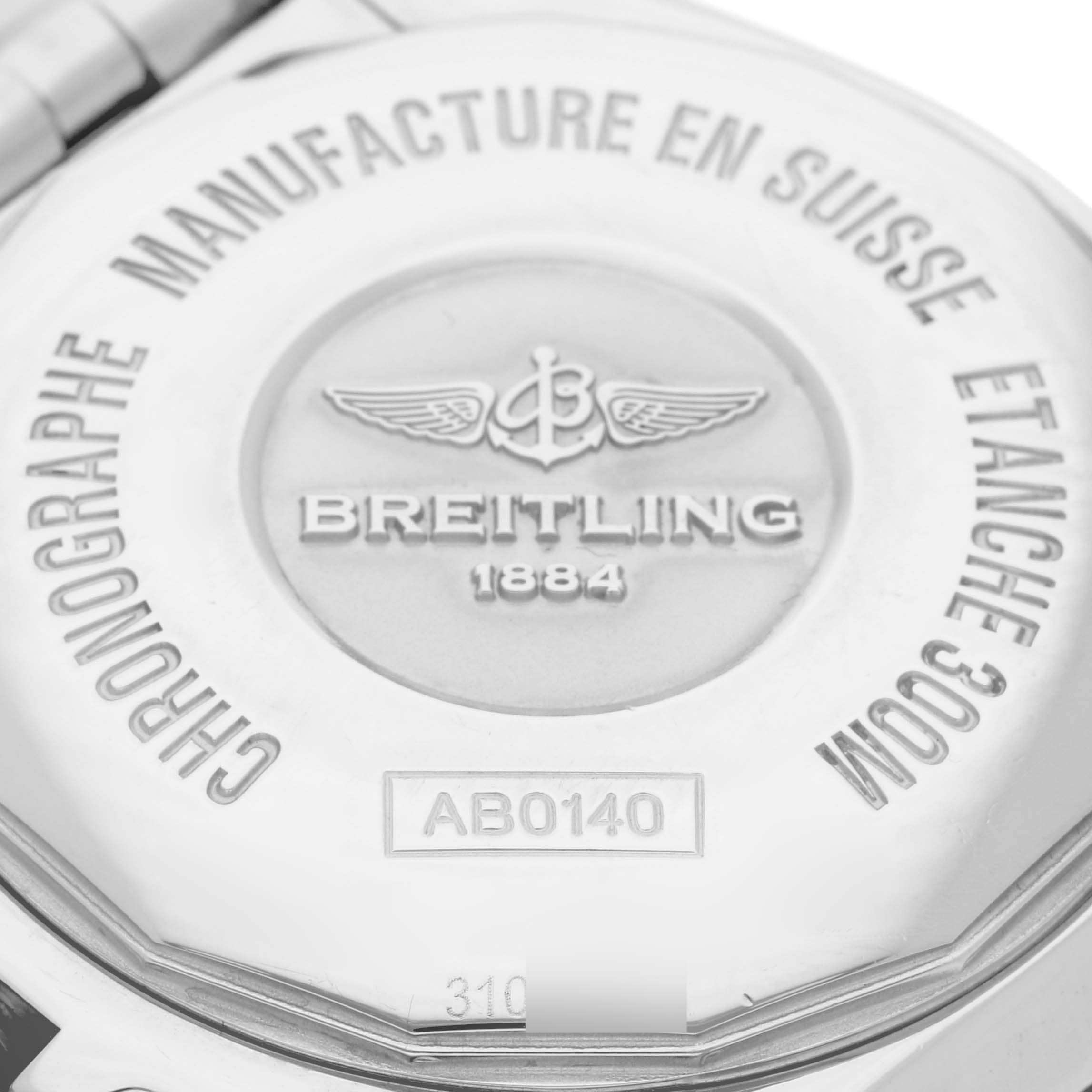 This image shows the back case cover of the Breitling Chronomat AB0140 Men's Stainless Steel Black Dial AB0140 Men's Stainless Steel Black Dial watch model, displaying the brand's logo and model details.