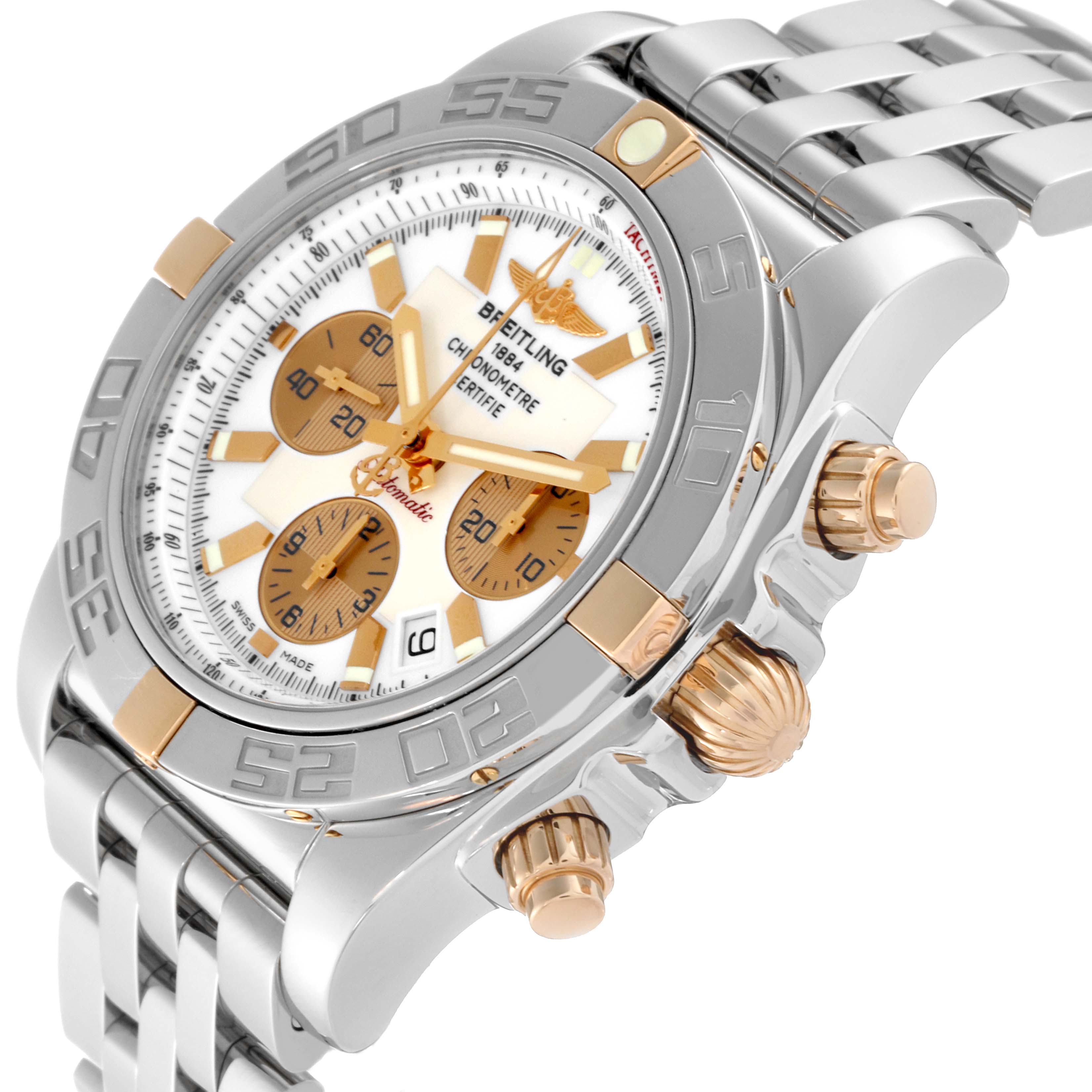 The image shows an angled view of the Breitling Chronomat IB0110 Men's Stainless Steel White Dial IB0110 Men's Stainless Steel White Dial watch featuring the case, crown, pushers, bracelet, and dial.