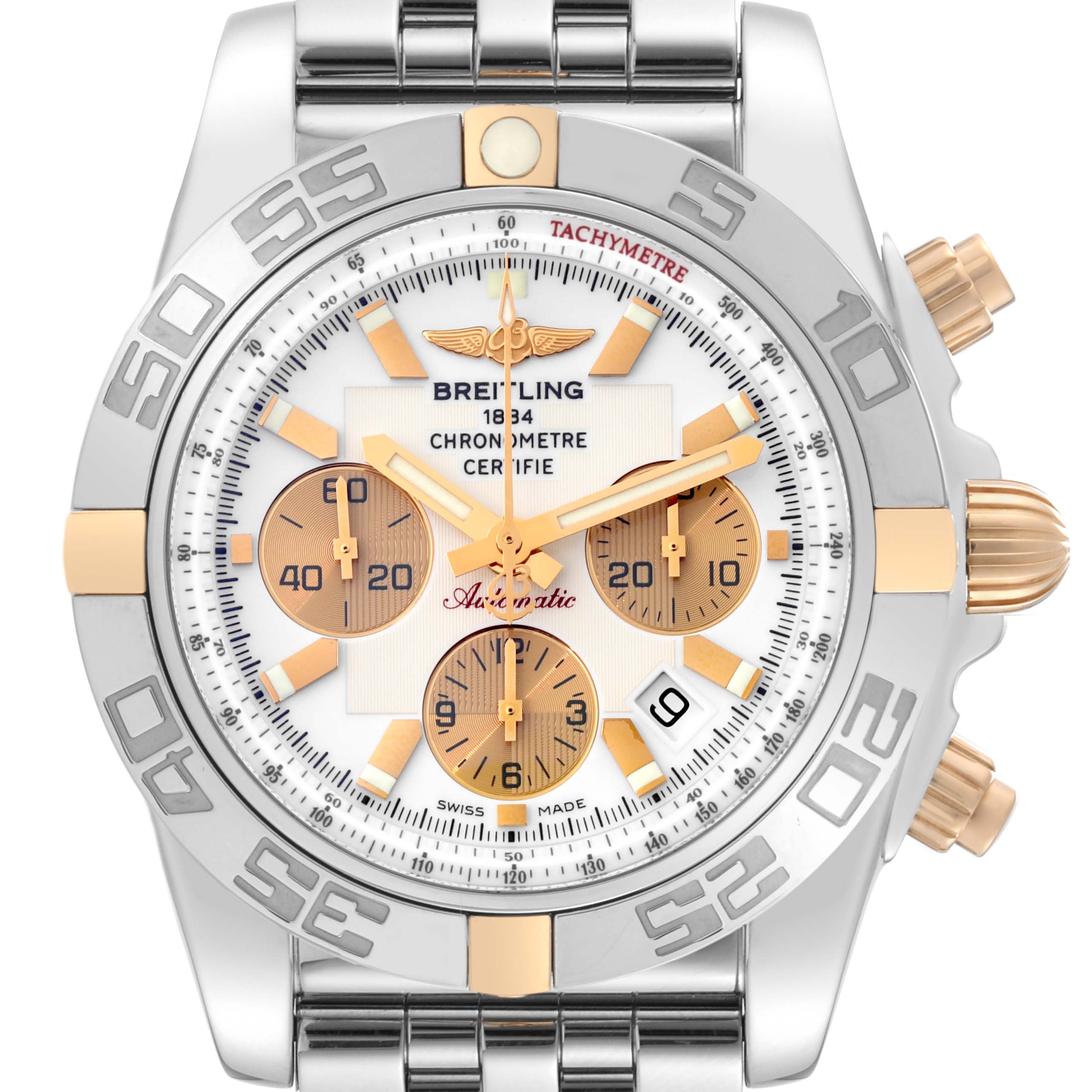 This image shows the front view of a Breitling Chronomat IB0110 Men's Stainless Steel White Dial IB0110 Men's Stainless Steel White Dial watch, highlighting its dial, bezel, and chronograph subdials.