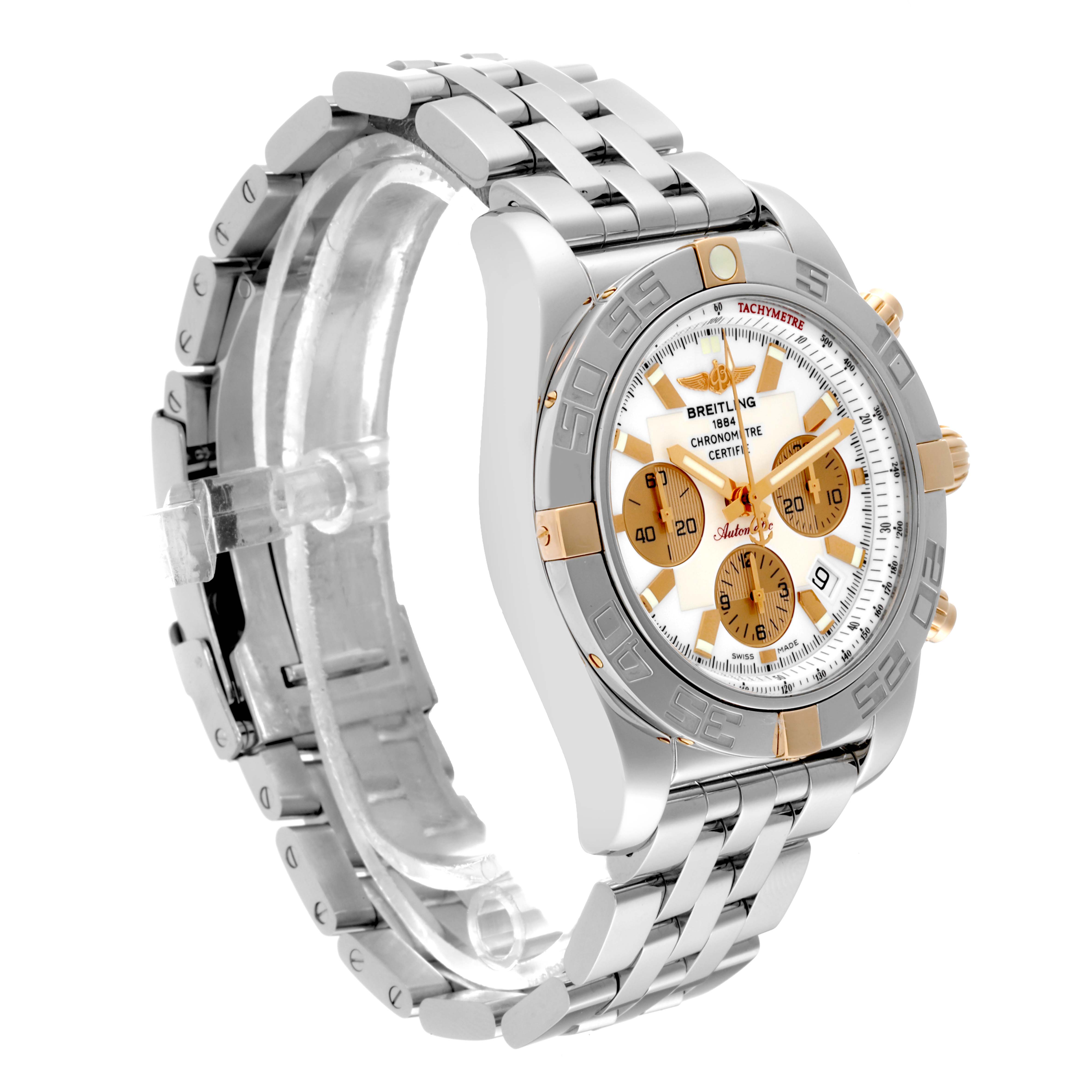 The image shows a Breitling Chronomat IB0110 Men's Stainless Steel White Dial IB0110 Men's Stainless Steel White Dial watch at a 3/4 angle, highlighting its face, bezel, and bracelet.