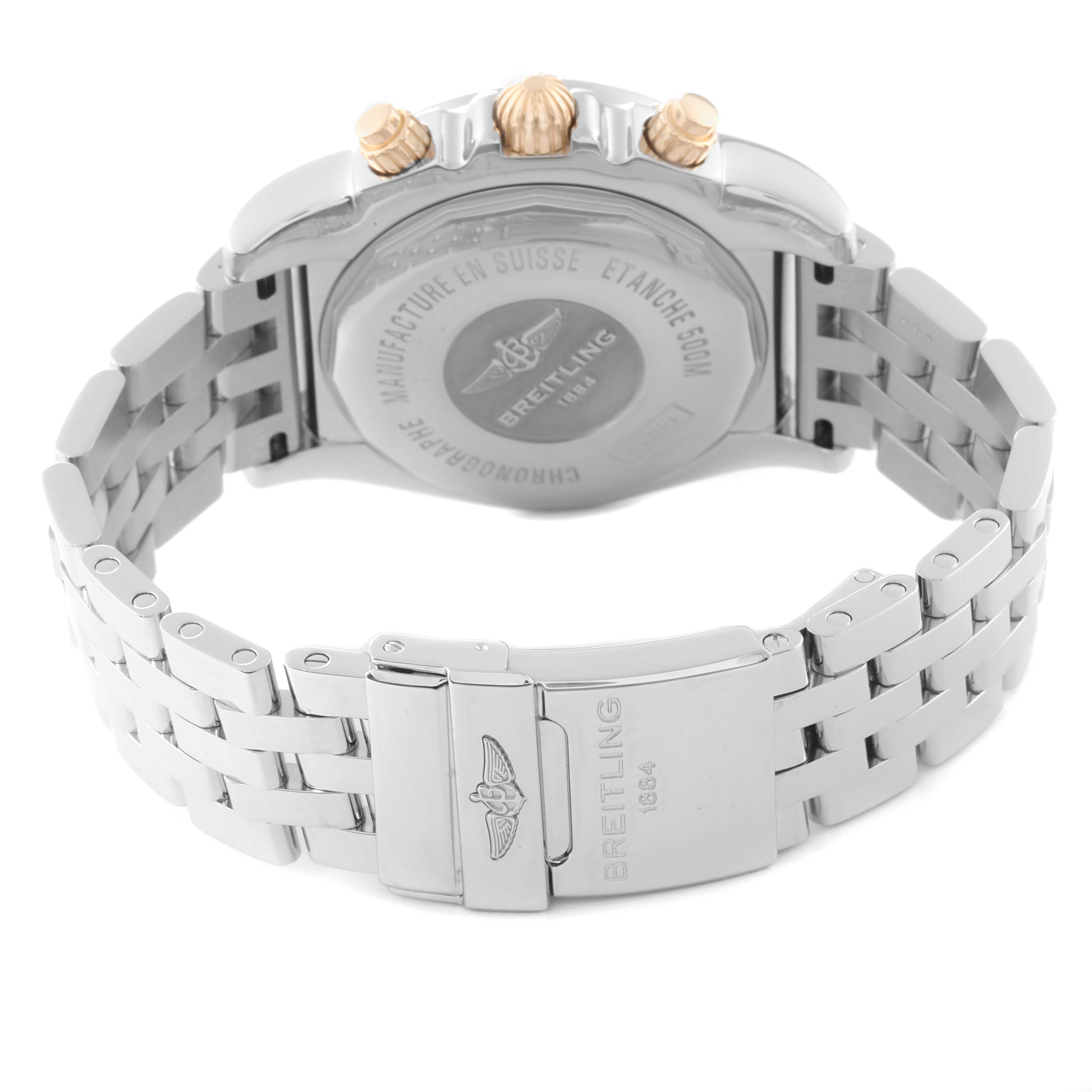 This image shows the back view of a Breitling Chronomat IB0110 Men's Stainless Steel White Dial IB0110 Men's Stainless Steel White Dial watch, highlighting the case back and bracelet clasp.