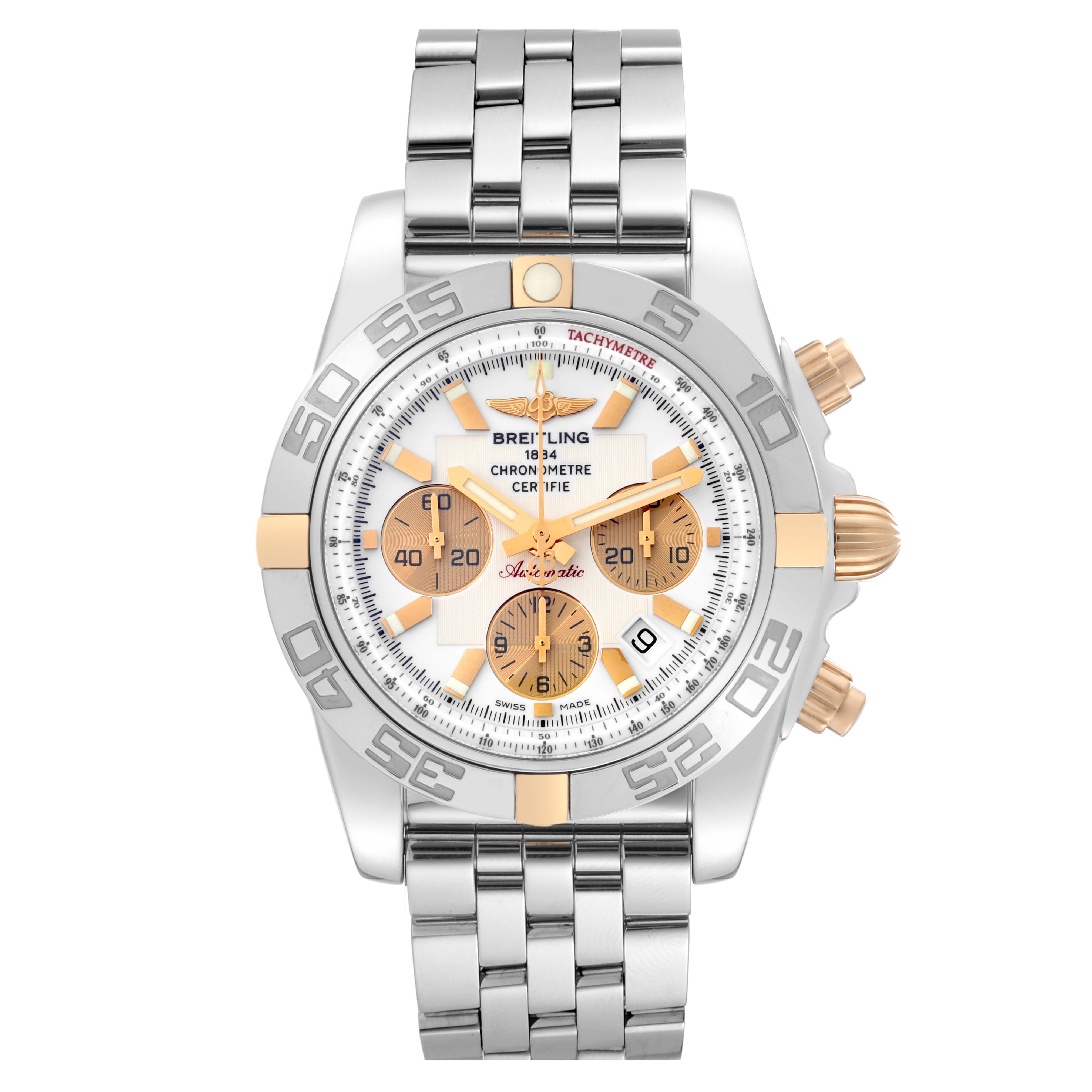 The Breitling Chronomat IB0110 Men's Stainless Steel White Dial IB0110 Men's Stainless Steel White Dial watch is shown from a top-down angle, showcasing its face, bezel, sub-dials, and bracelet.